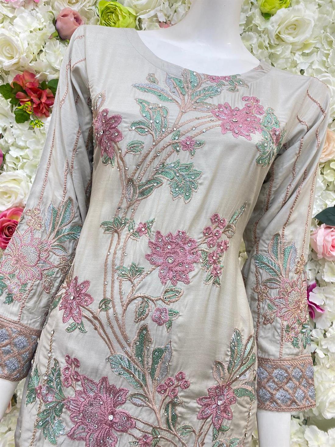 Light Mint Stone Work Chiffon Ladies Readymade