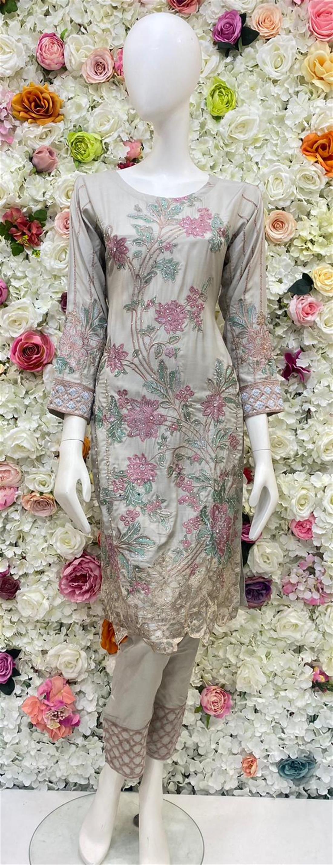 Light Mint Stone Work Chiffon Ladies Readymade