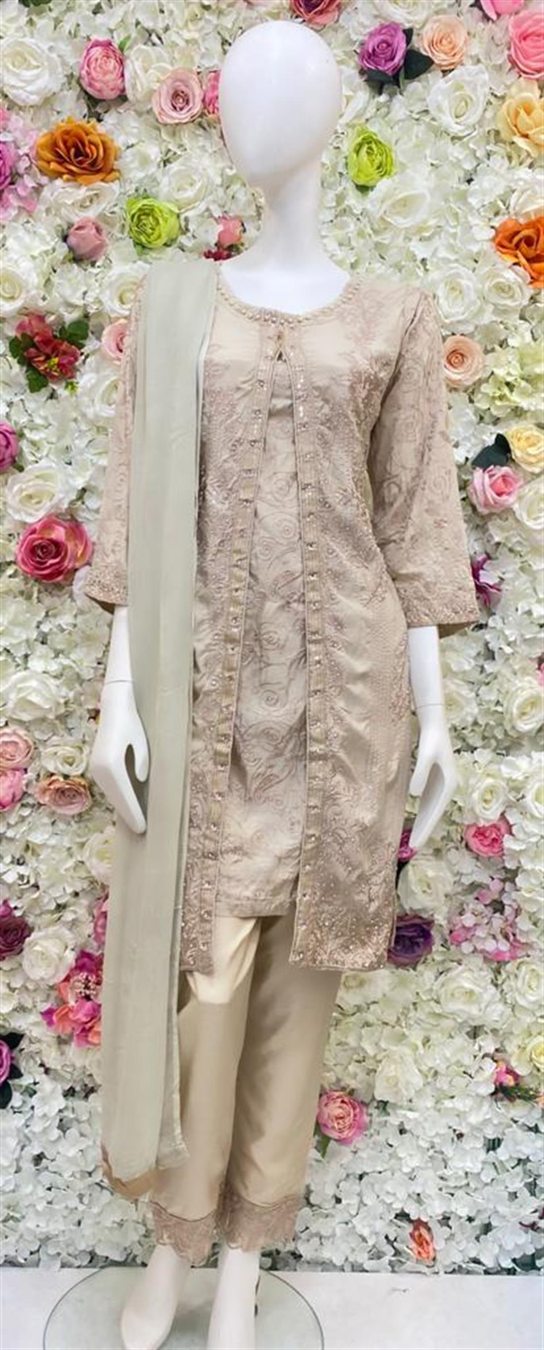 Cream Stone Work Chiffon Ladies Readymade