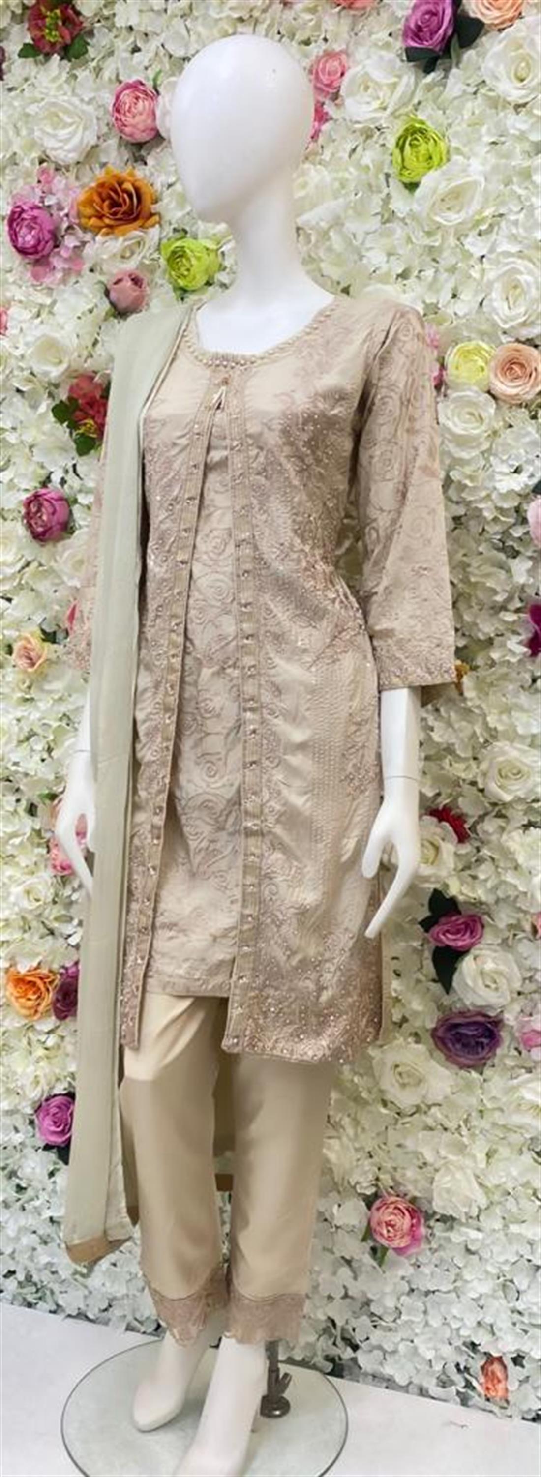 Cream Stone Work Chiffon Ladies Readymade