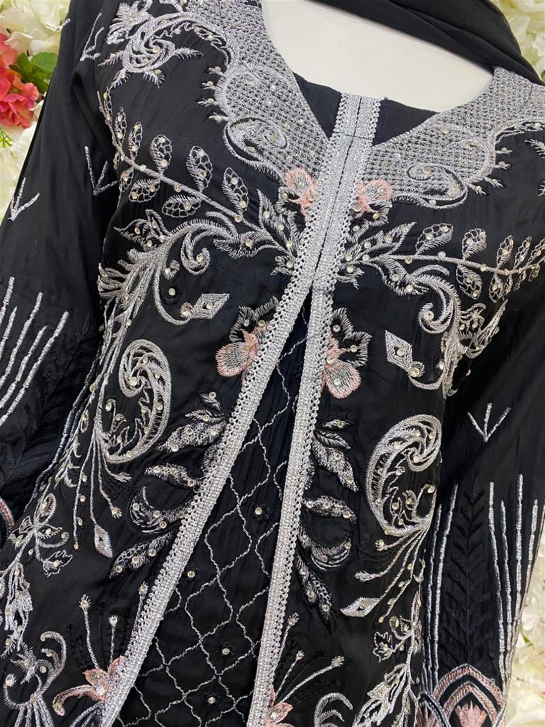 Black Stone Work Embroidered Salwar Kameez & Chiffon Dupatta