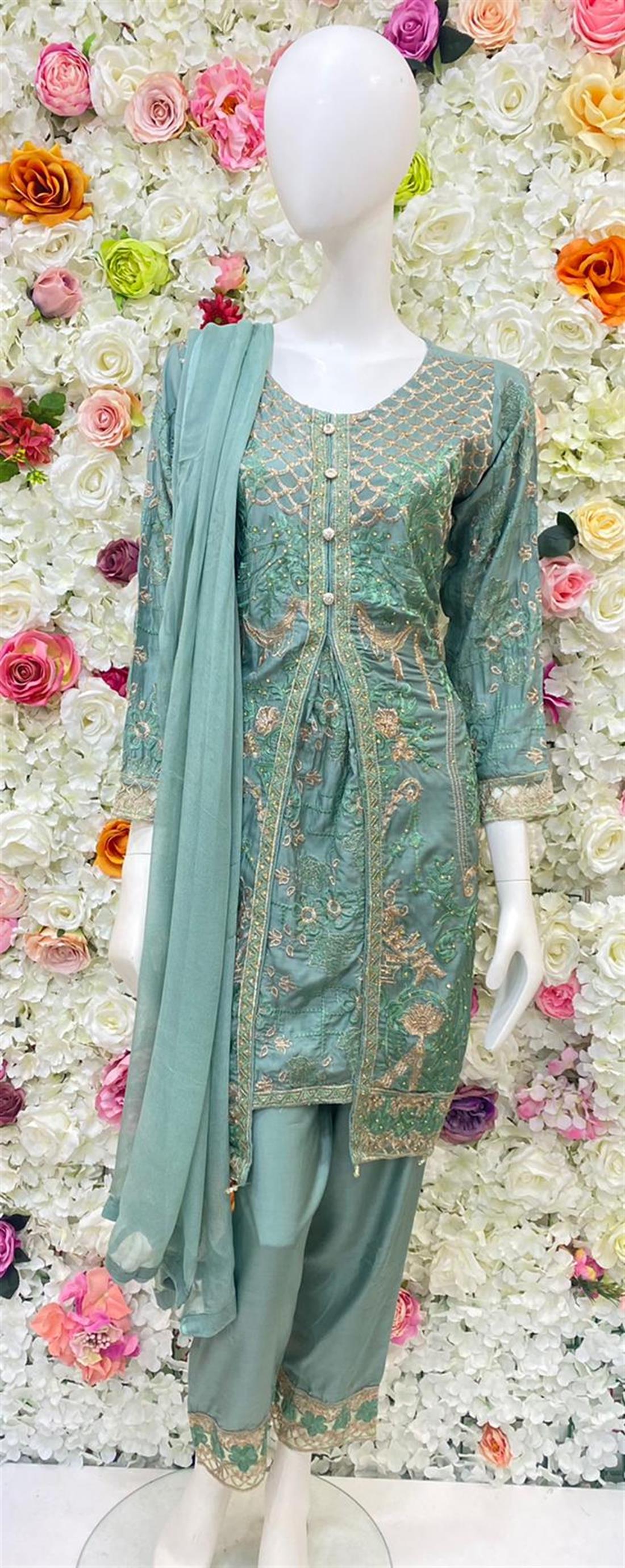 Green Stone Work Chiffon Ladies Readymade