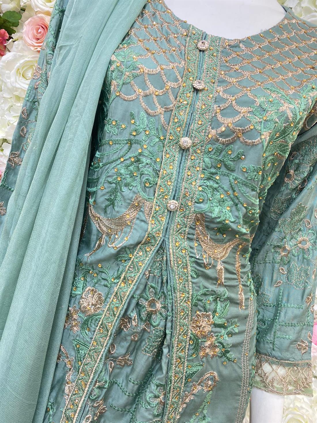 Green Stone Work Chiffon Ladies Readymade