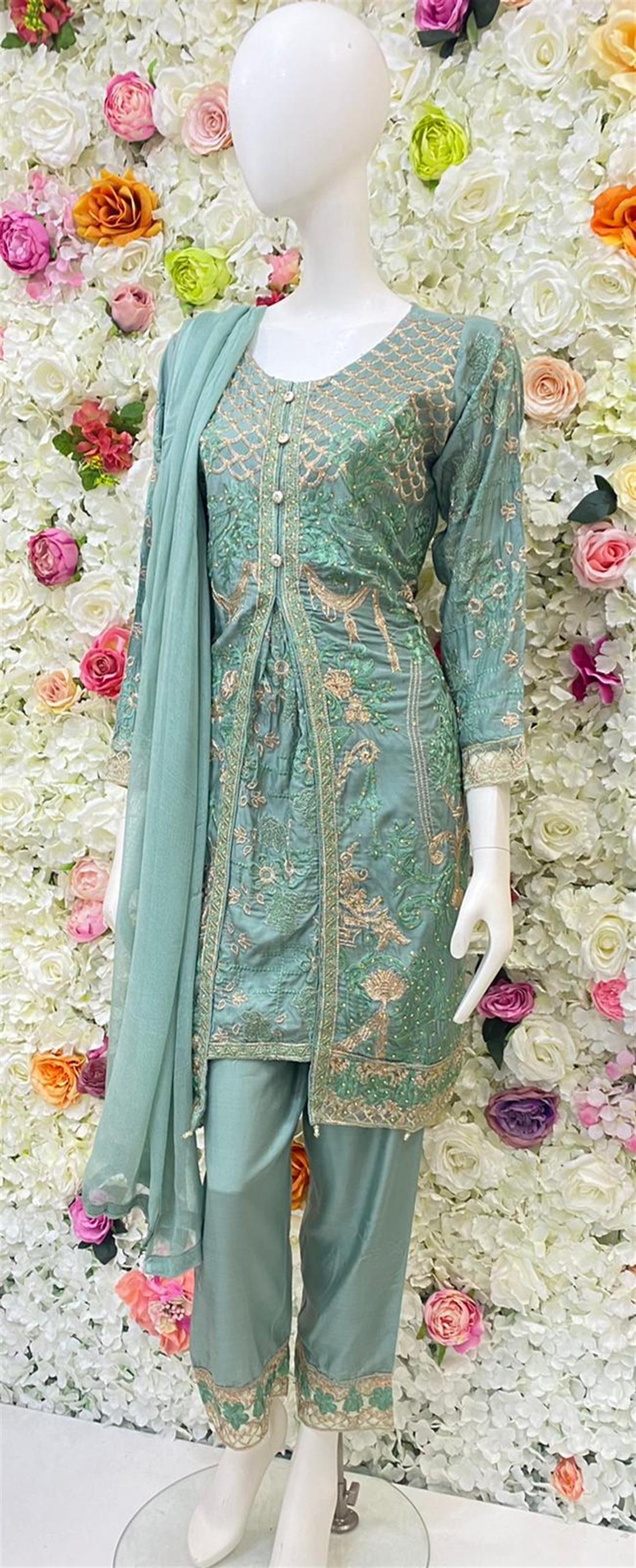 Green Stone Work Chiffon Ladies Readymade