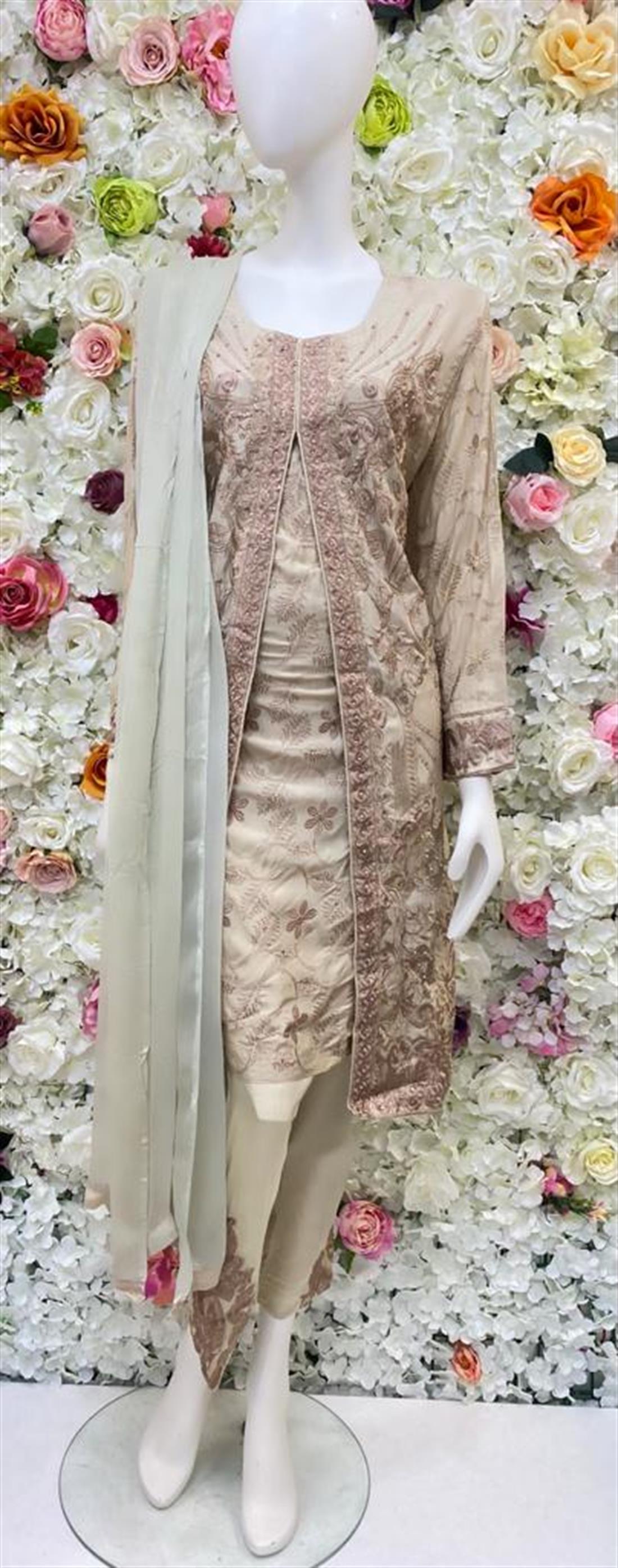 Cream Stone Work Chiffon Ladies Readymade