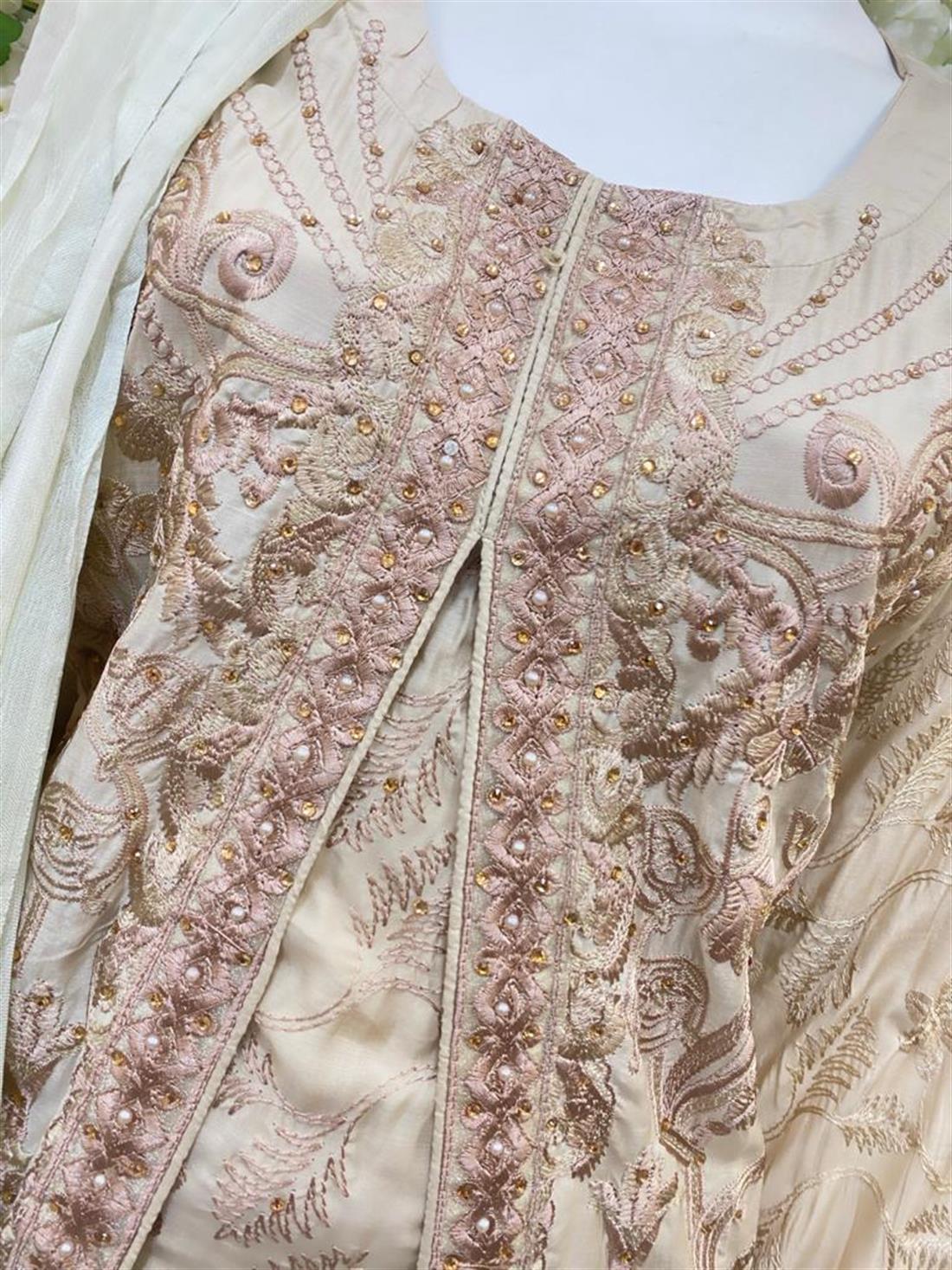 Cream Stone Work Chiffon Ladies Readymade