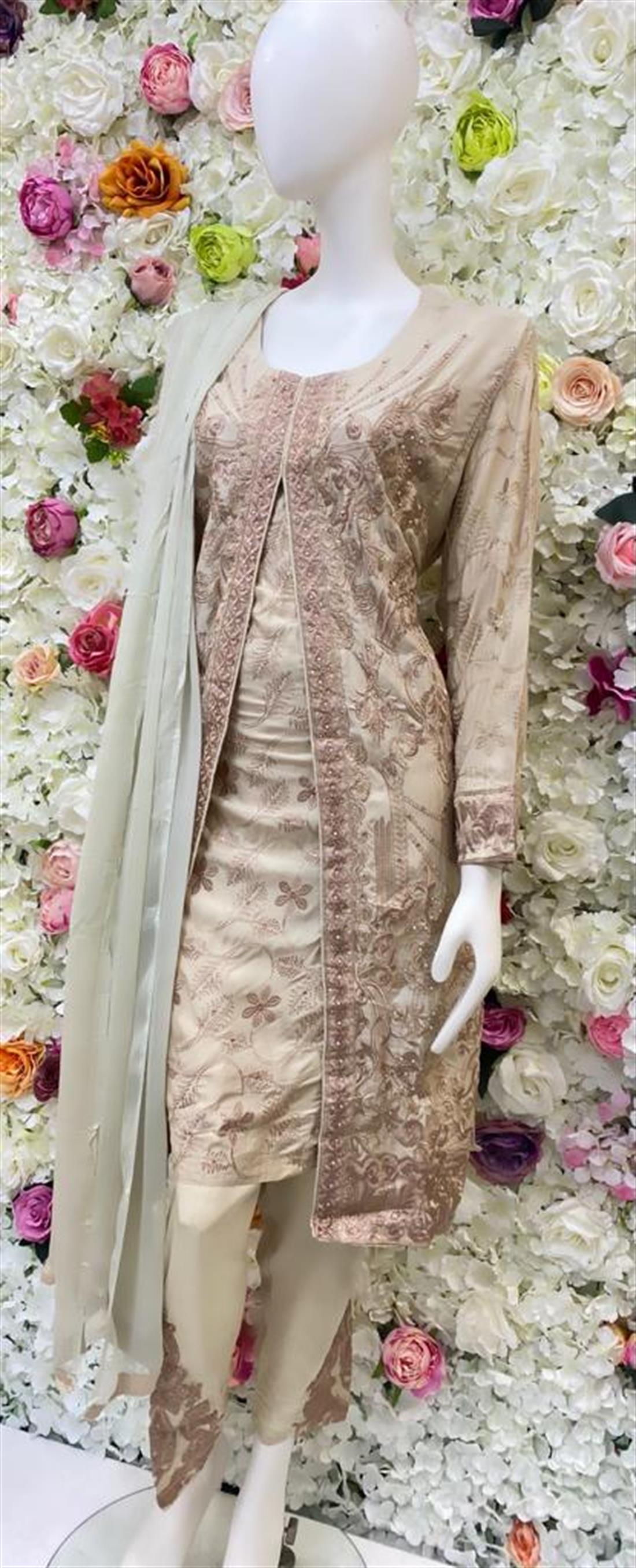 Cream Stone Work Chiffon Ladies Readymade