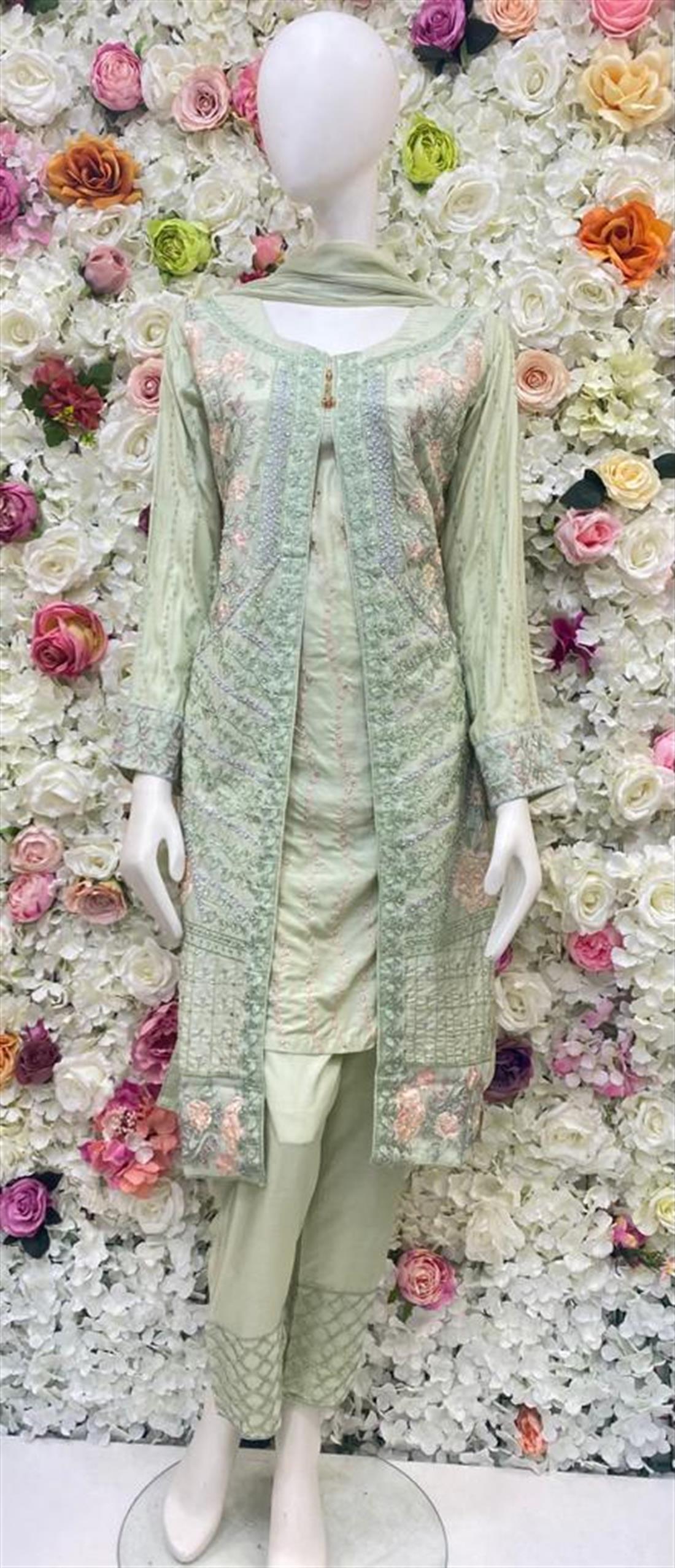 Mint Stone Work Chiffon Ladies Readymade