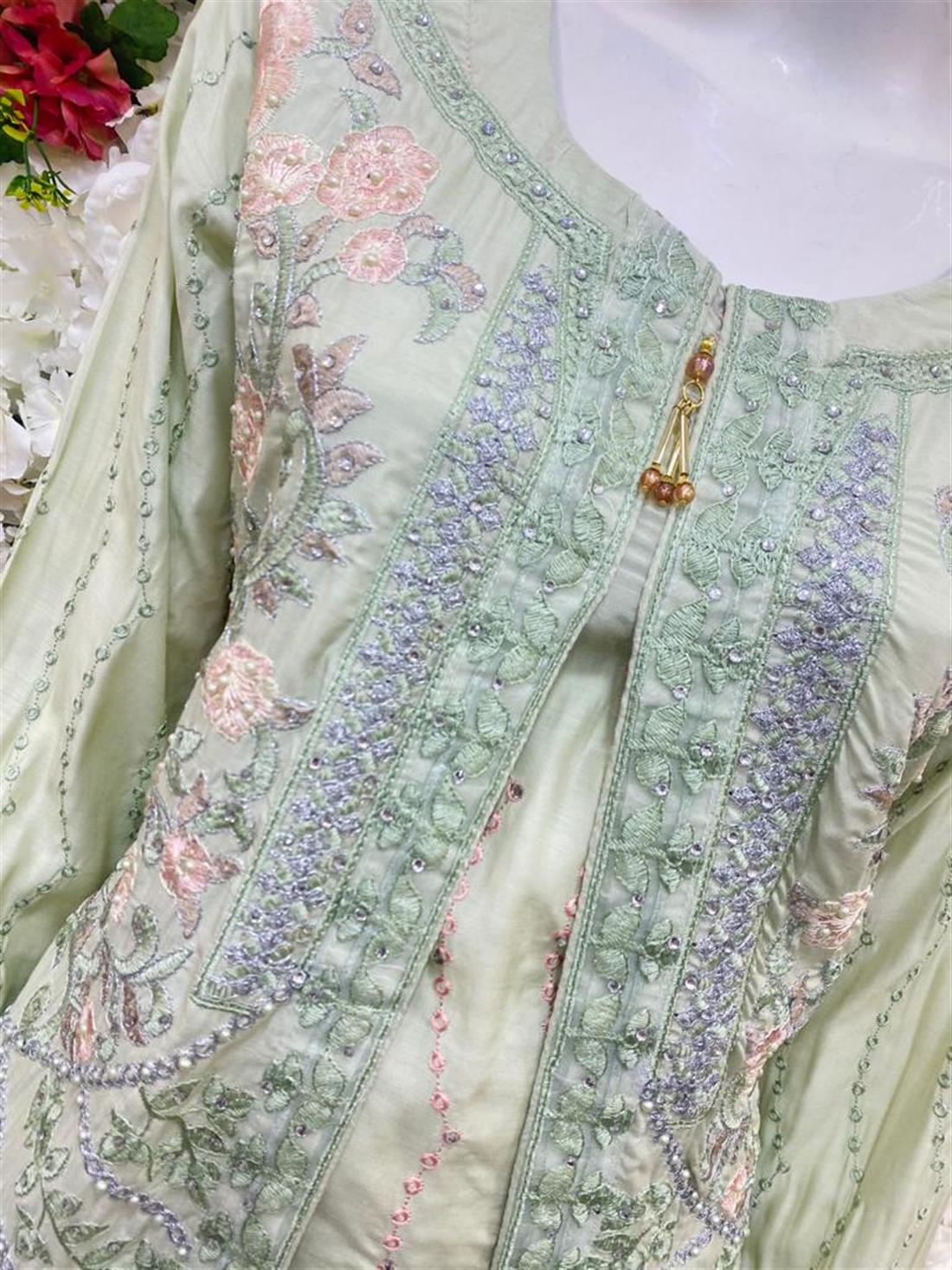 Mint Stone Work Chiffon Ladies Readymade