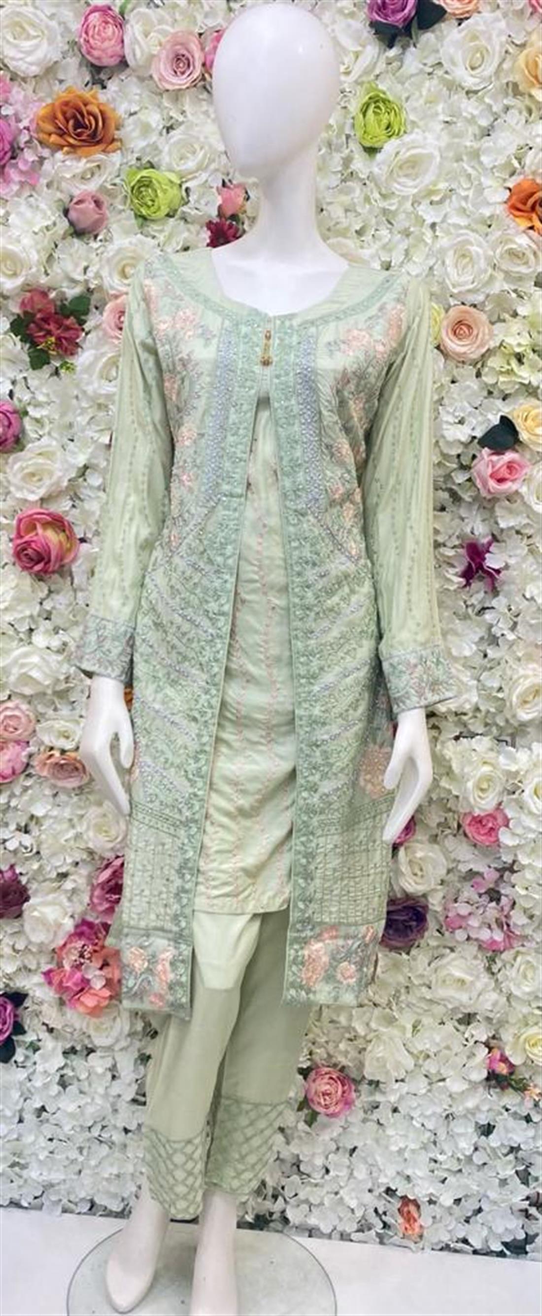 Mint Stone Work Chiffon Ladies Readymade