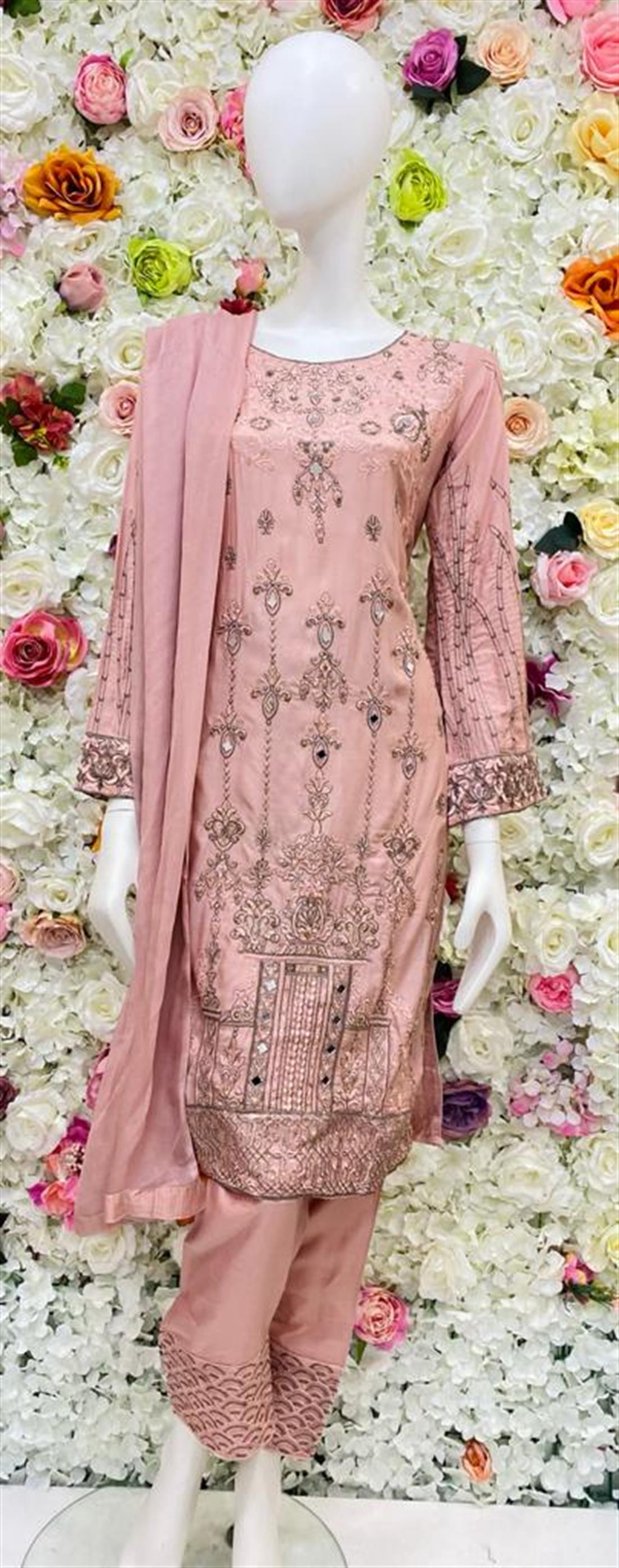 Dusty Pink Stone Work Chiffon Ladies Readymade
