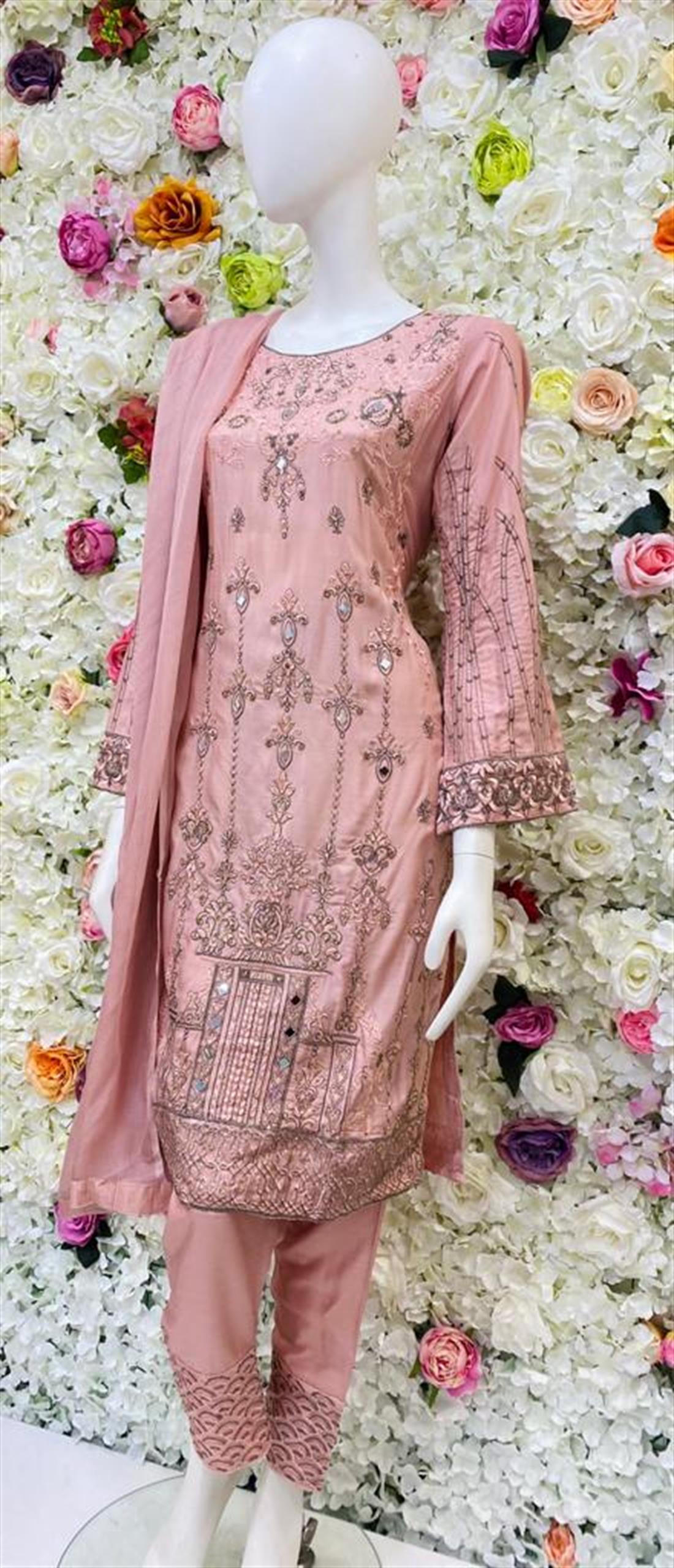 Dusty Pink Stone Work Chiffon Ladies Readymade