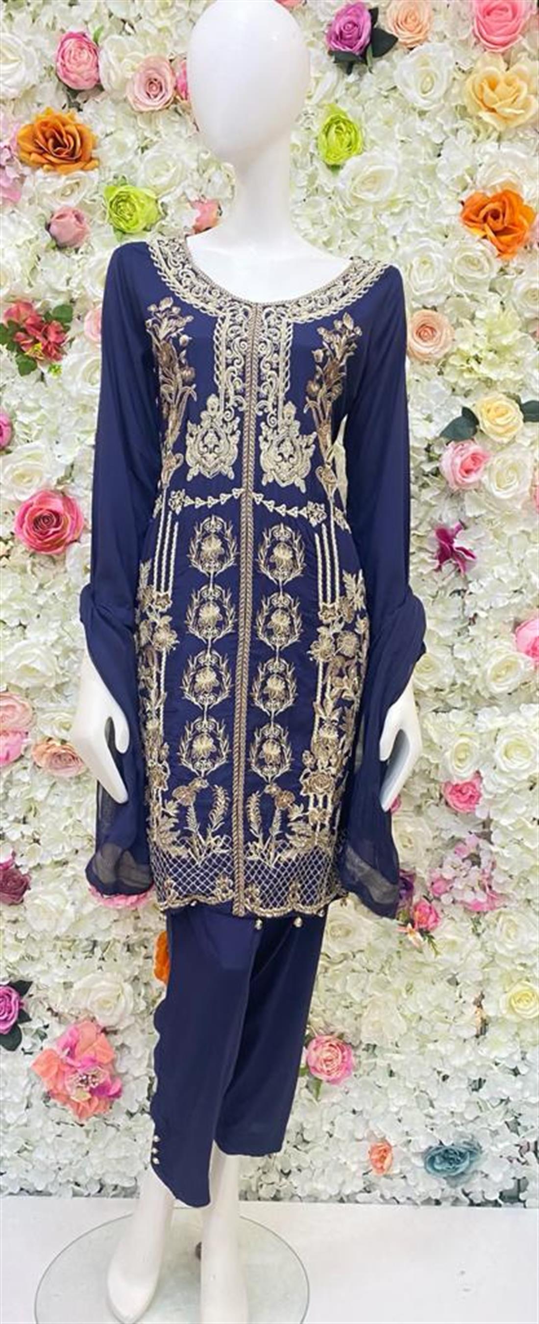 Navy Blue Embroidered Chiffon Ladies Readymade