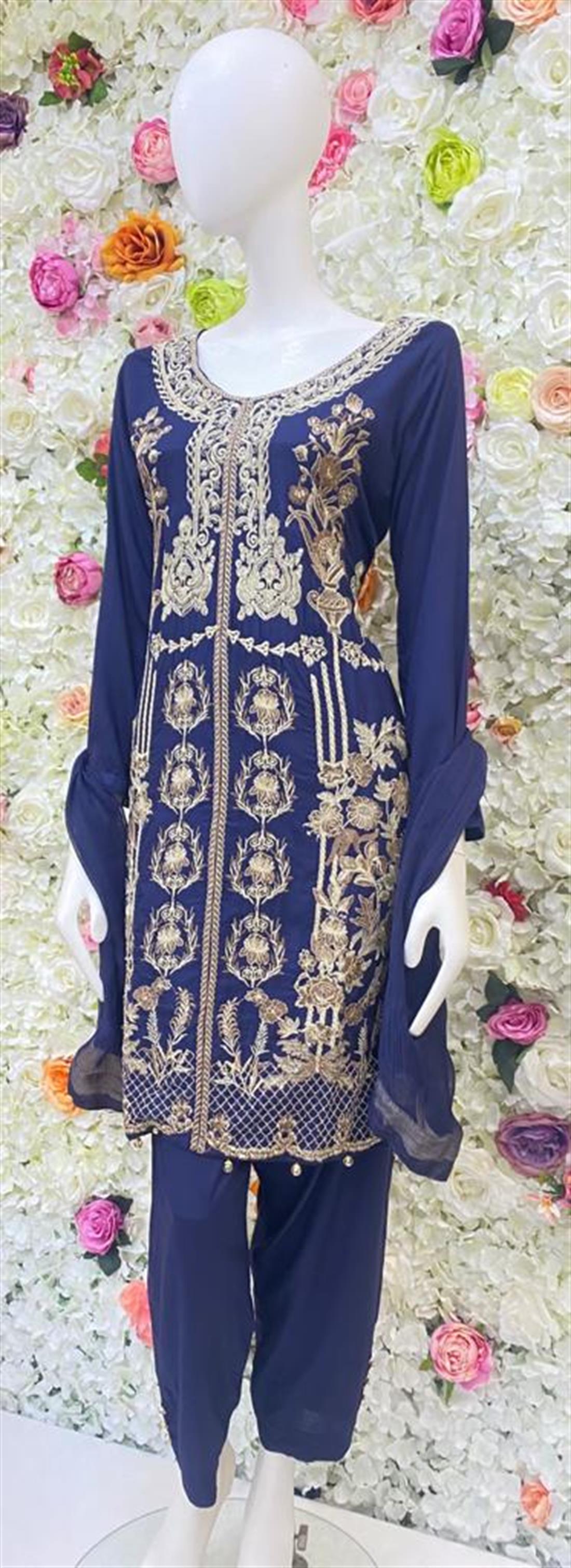 Navy Blue Embroidered Chiffon Ladies Readymade