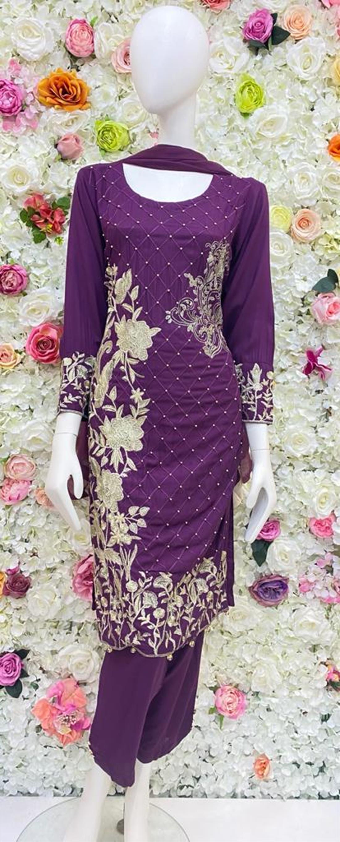 Purple Embroidered Chiffon Ladies Readymade