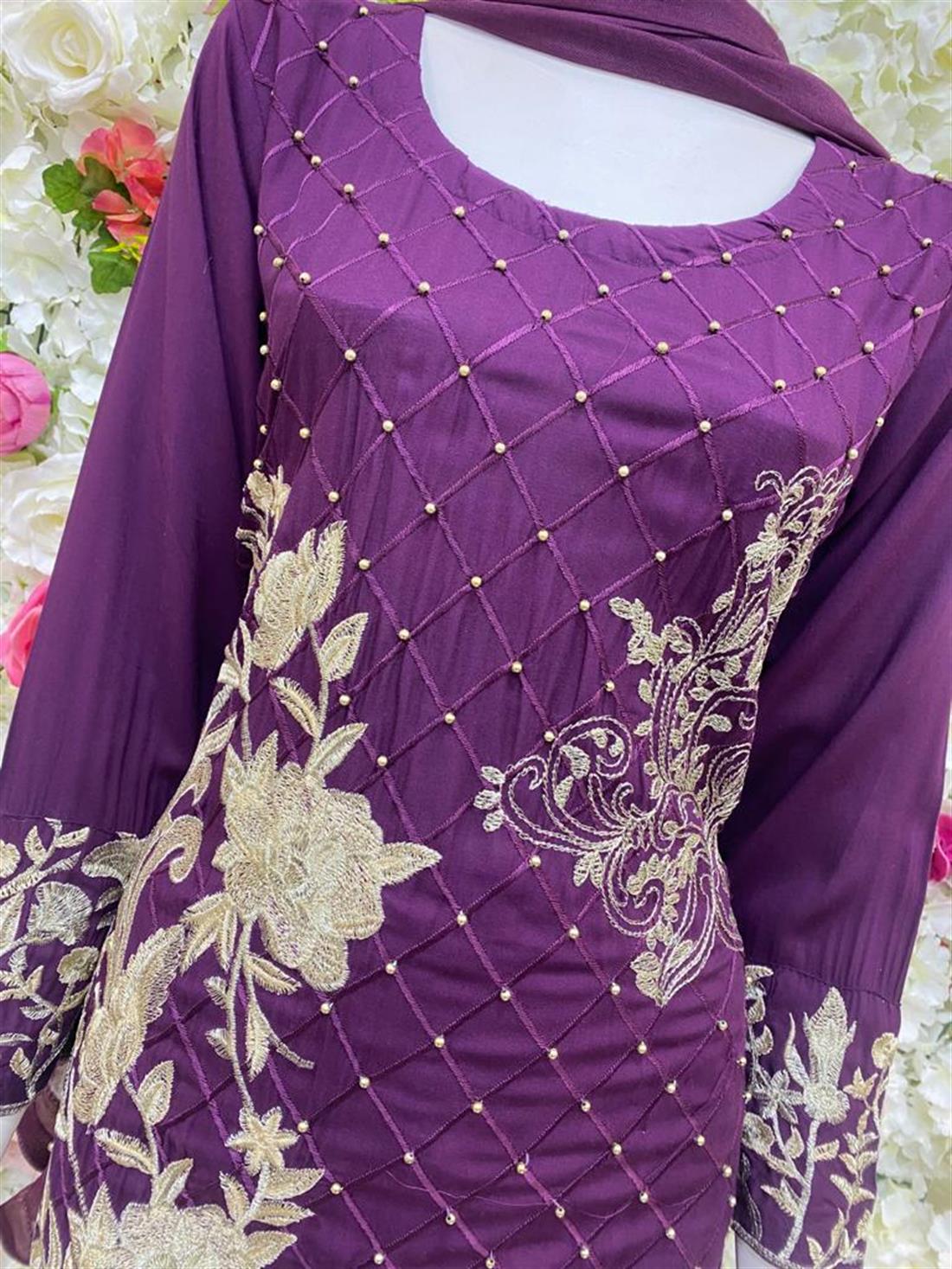 Purple Embroidered Chiffon Ladies Readymade