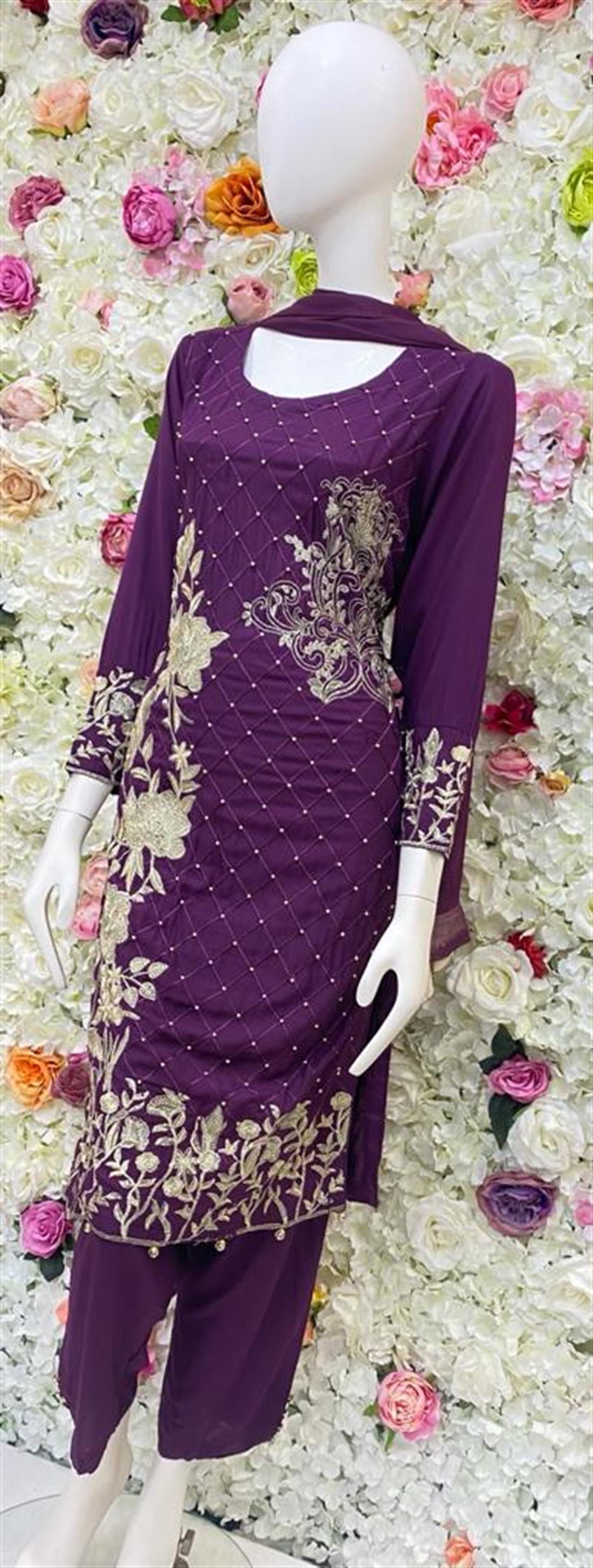 Purple Embroidered Chiffon Ladies Readymade