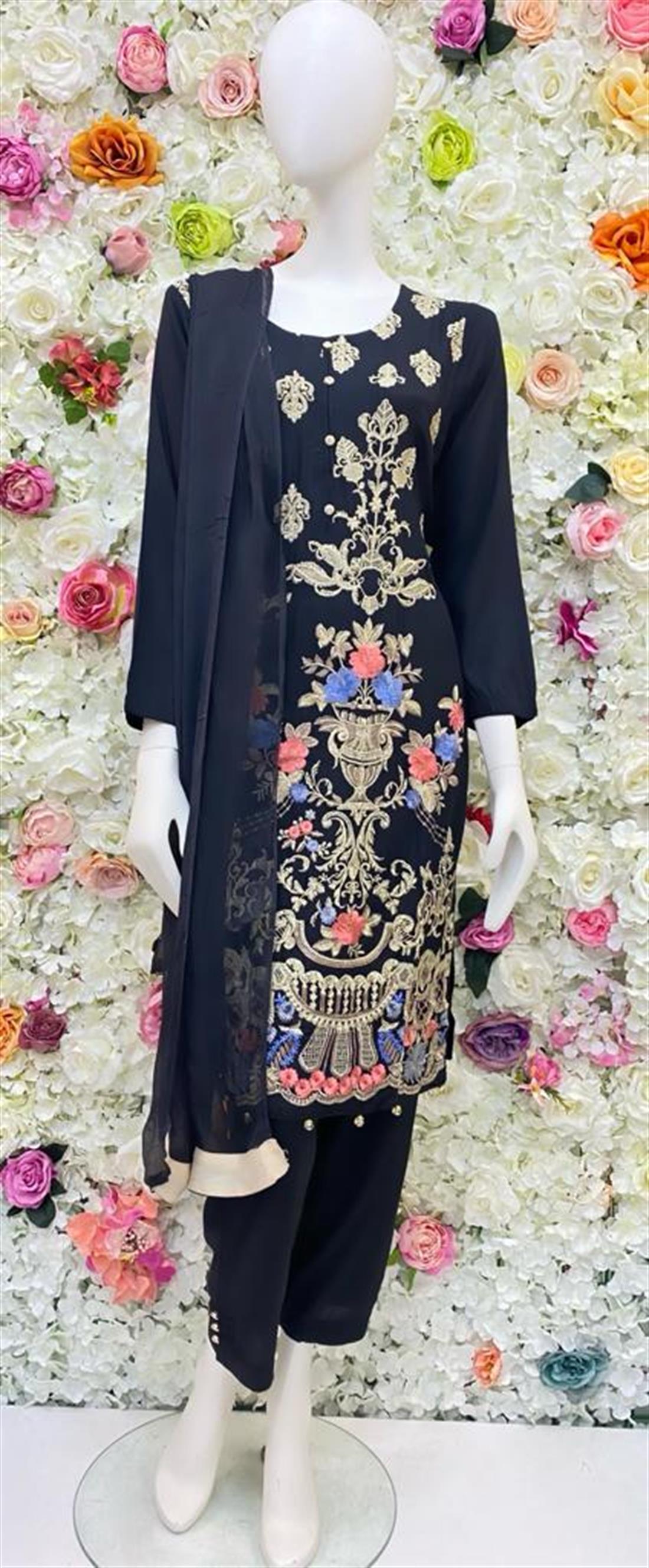 Black Embroidered Navy Blue Readymade Salwar Suit & Chiffon Dupatta
