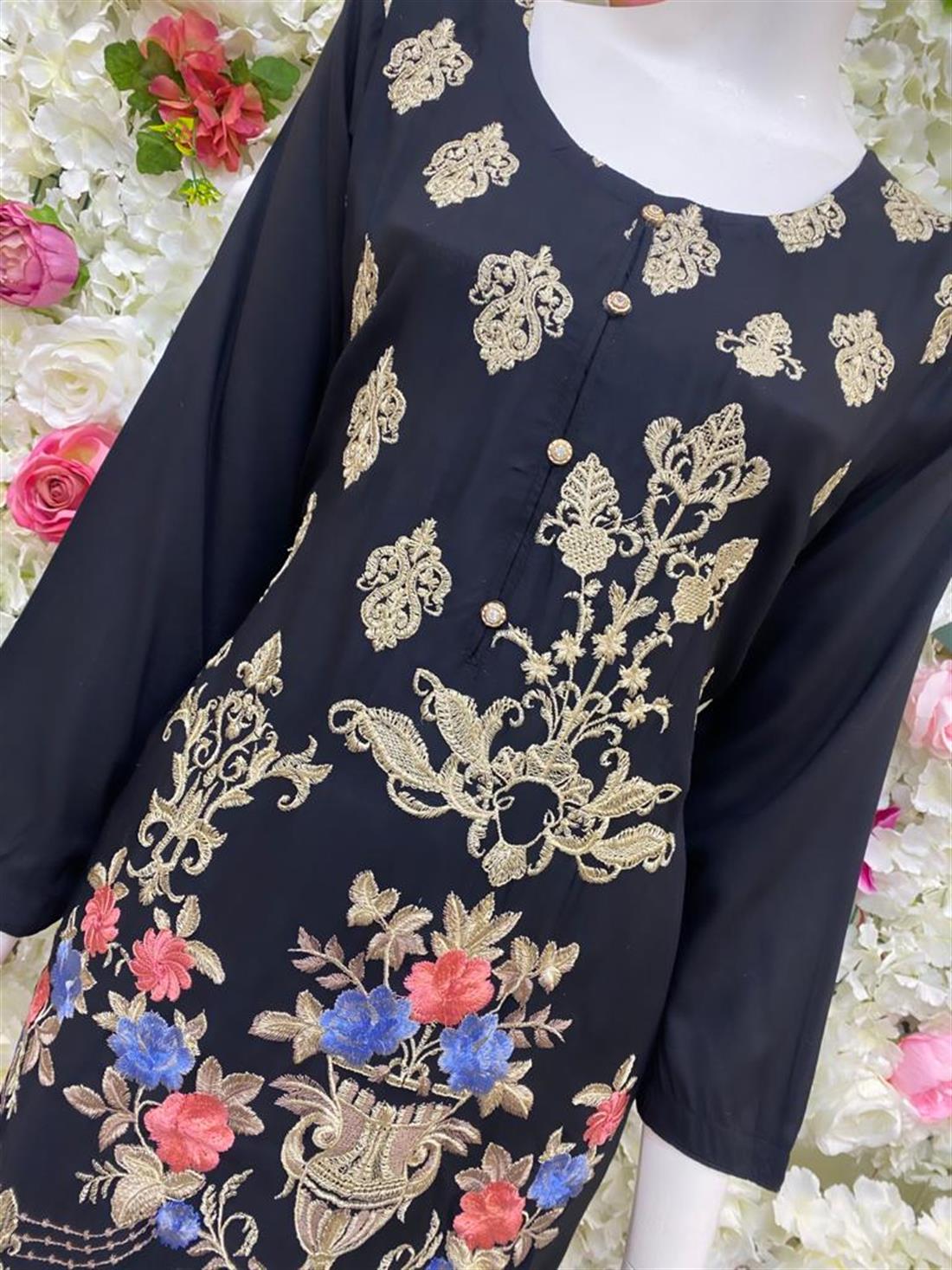 Black Embroidered Navy Blue Readymade Salwar Suit & Chiffon Dupatta