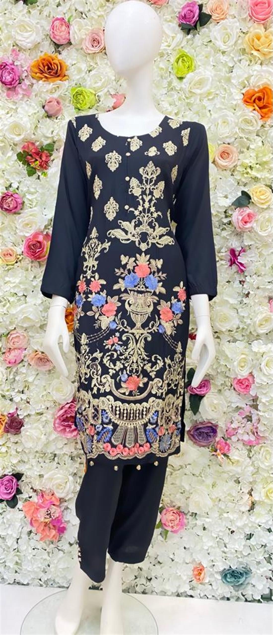 Black Embroidered Navy Blue Readymade Salwar Suit & Chiffon Dupatta