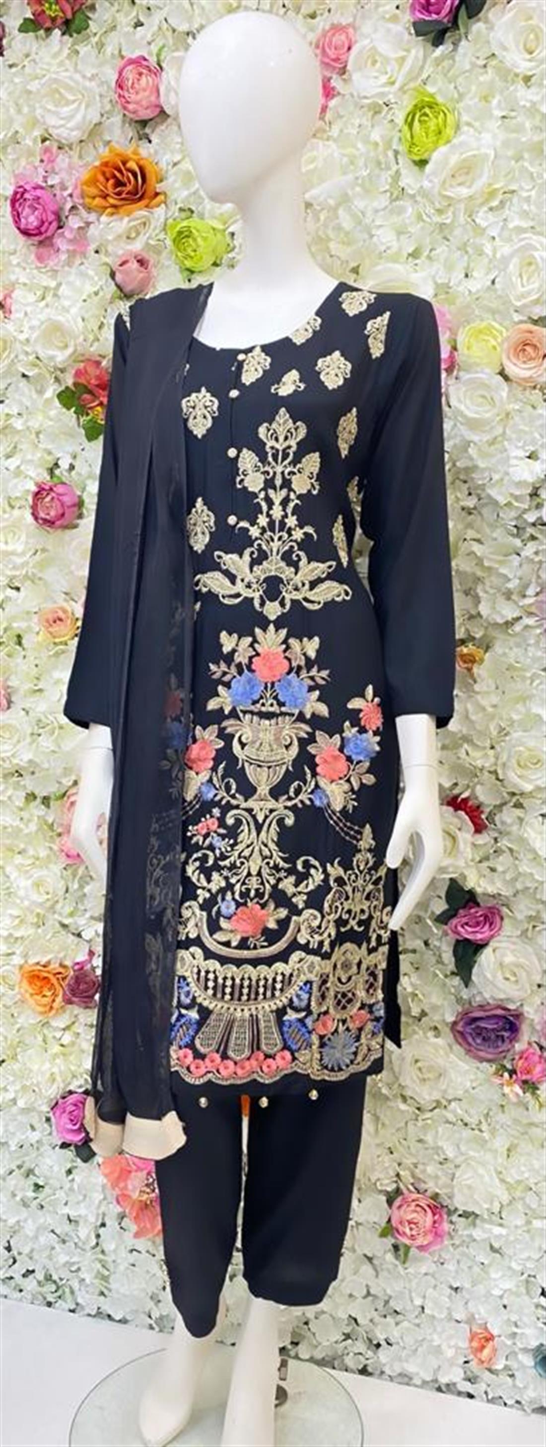 Black Embroidered Navy Blue Readymade Salwar Suit & Chiffon Dupatta