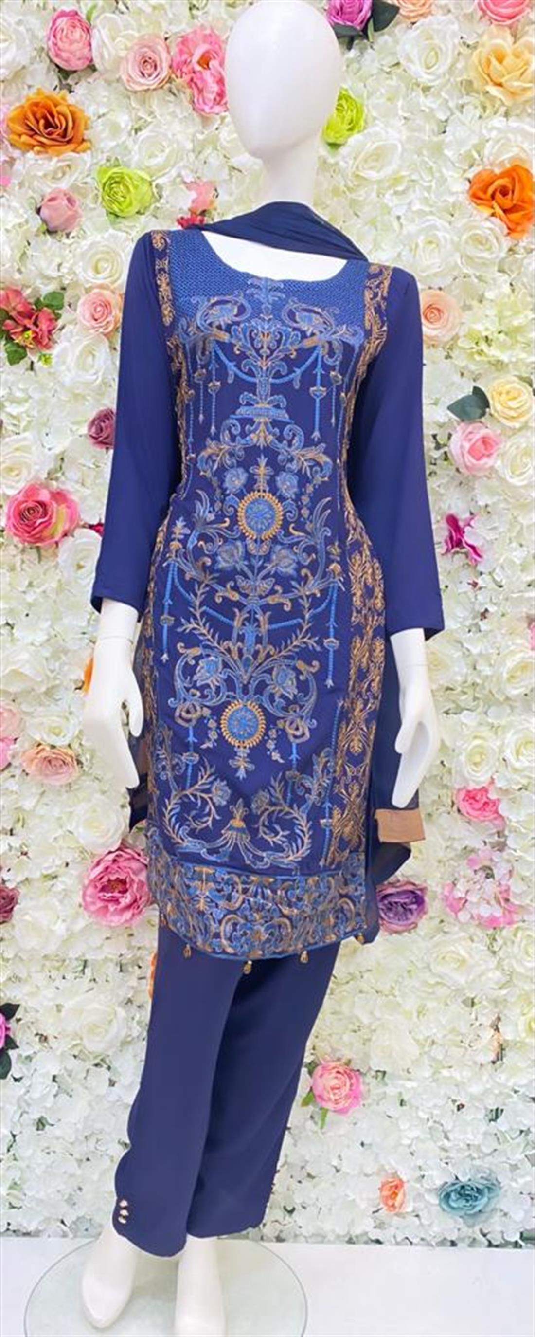 Navy Blue Embroidered Salwar Suit & Chiffon Dupatta