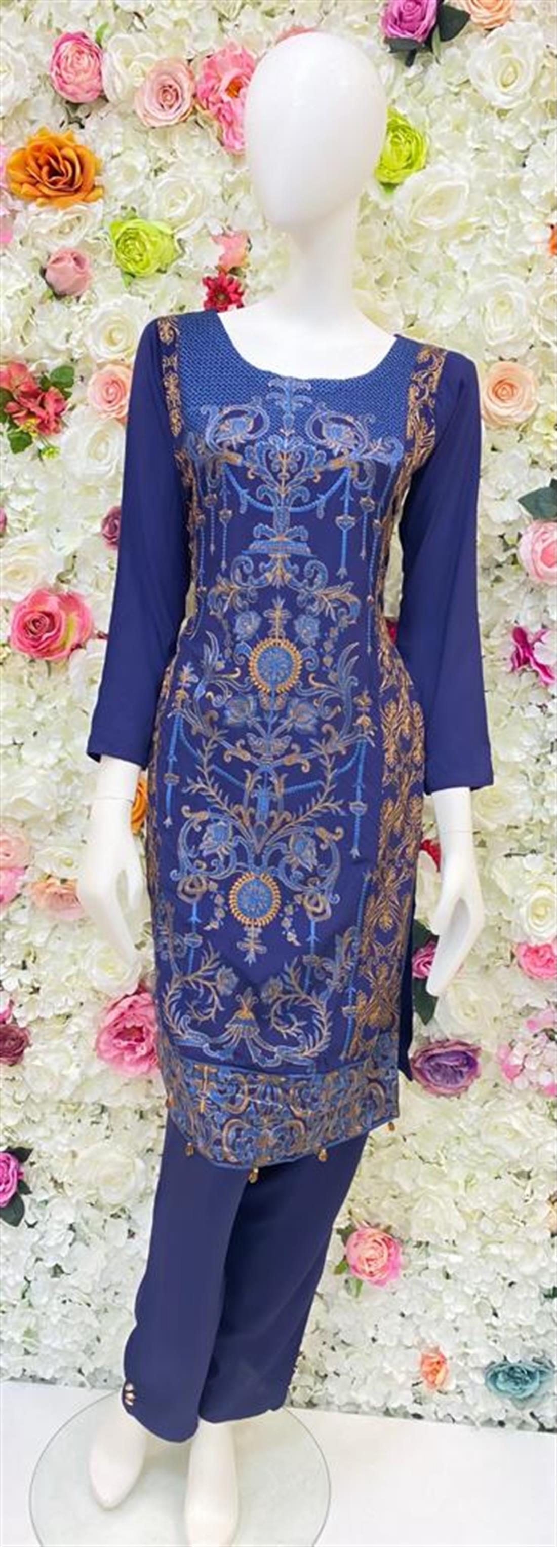 Navy Blue Embroidered Salwar Suit & Chiffon Dupatta