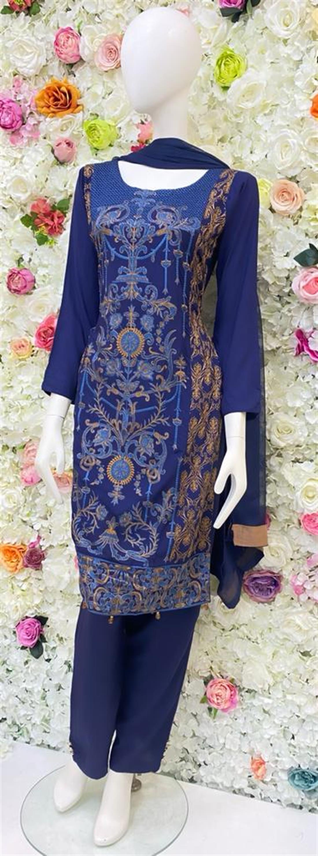 Navy Blue Embroidered Salwar Suit & Chiffon Dupatta