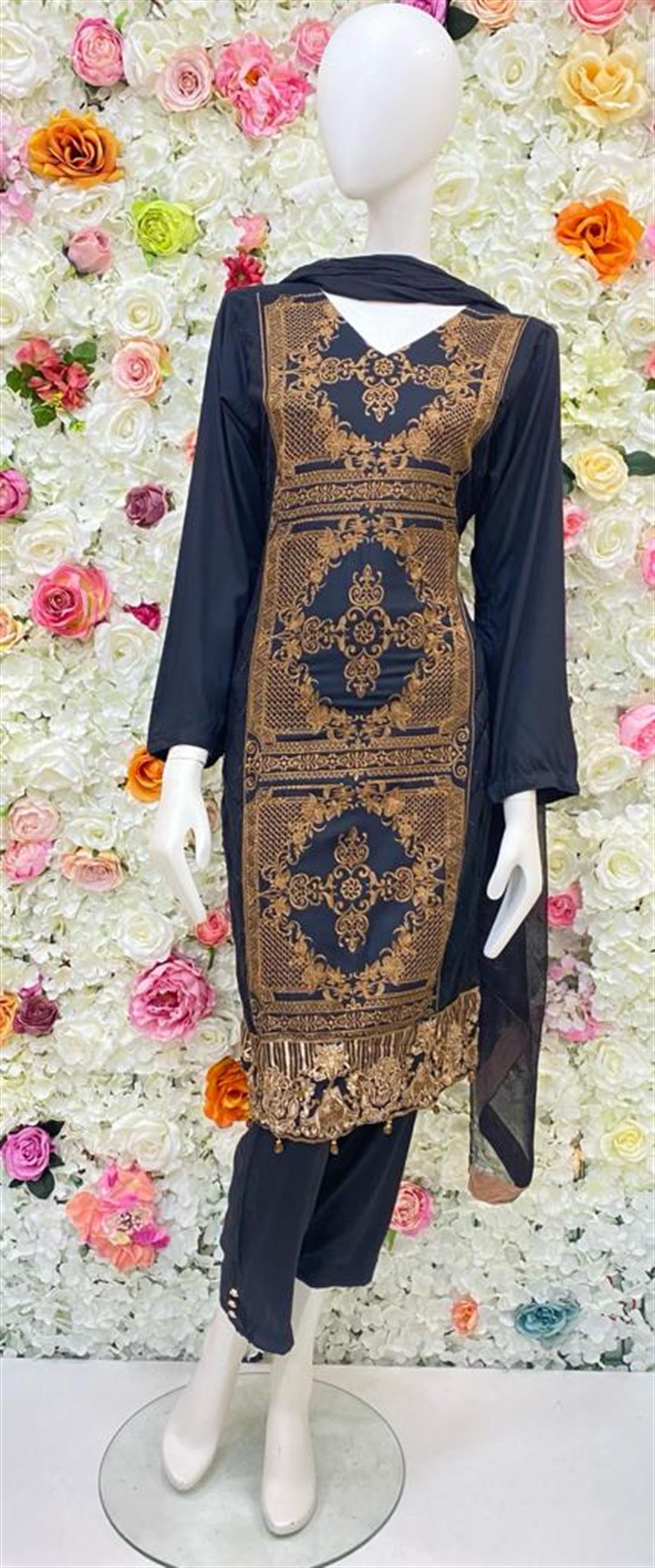 Black & Brown Embroidered Chiffon Ladies Readymade
