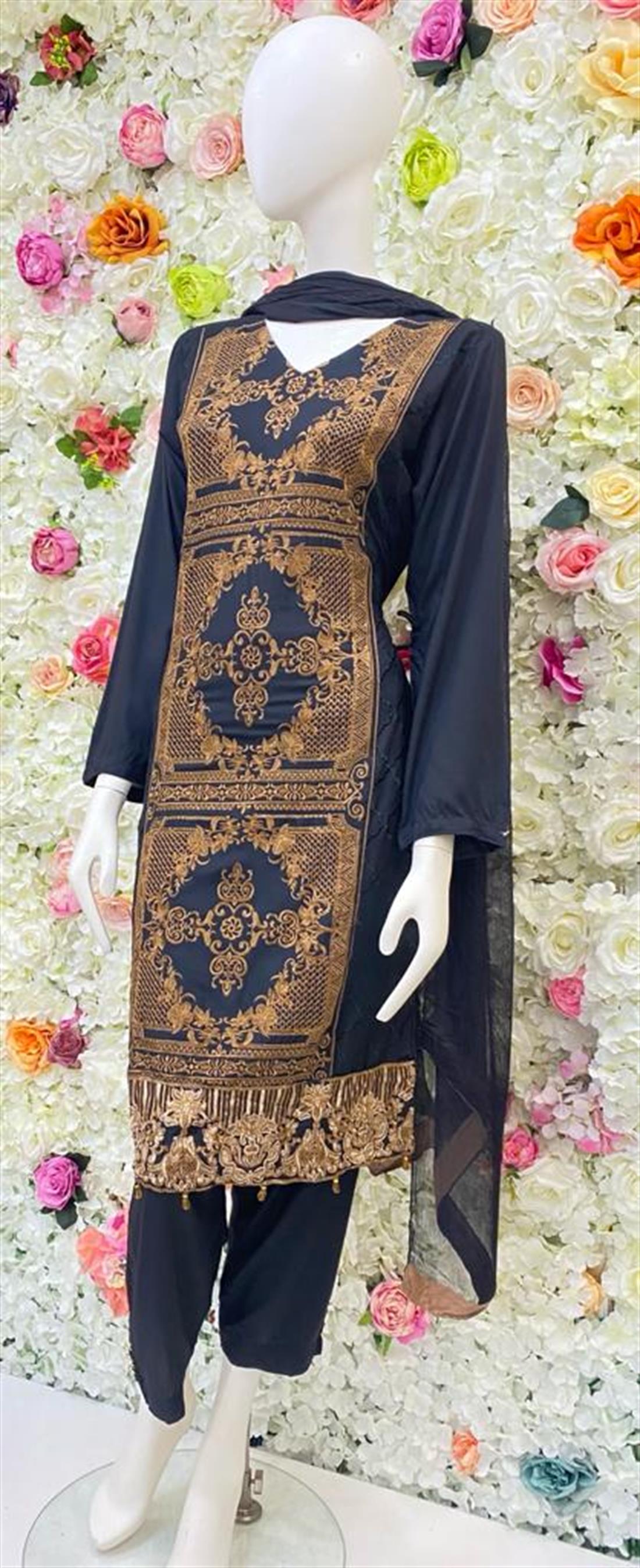 Black & Brown Embroidered Chiffon Ladies Readymade