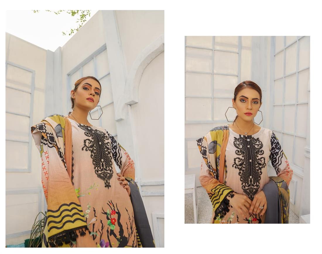 Cream & Black Embroidered Chiffon Cream/Black 3 Piece Readymade Lawn Suit with Dupatta