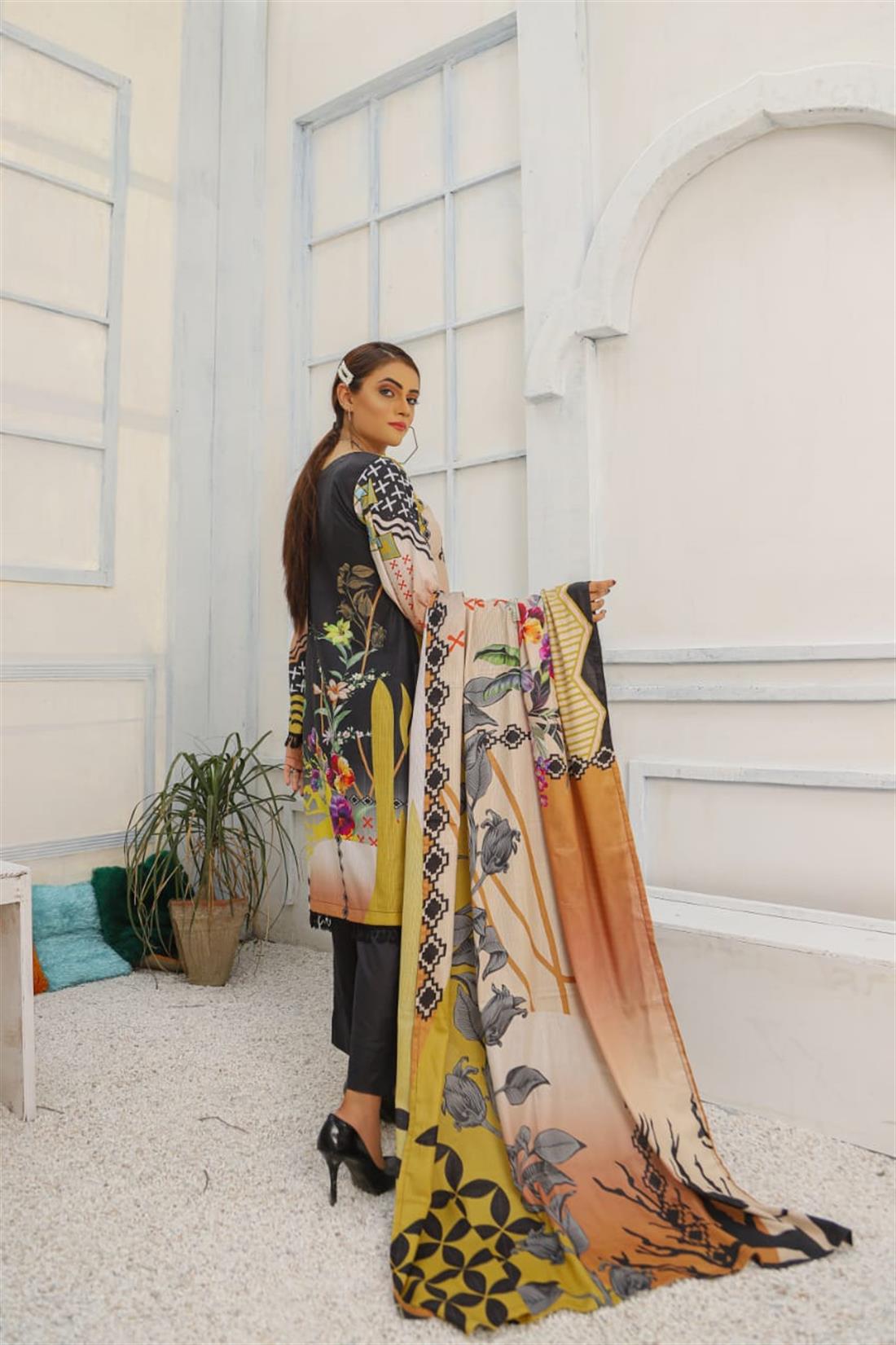 Cream & Black Embroidered Chiffon Cream/Black 3 Piece Readymade Lawn Suit with Dupatta