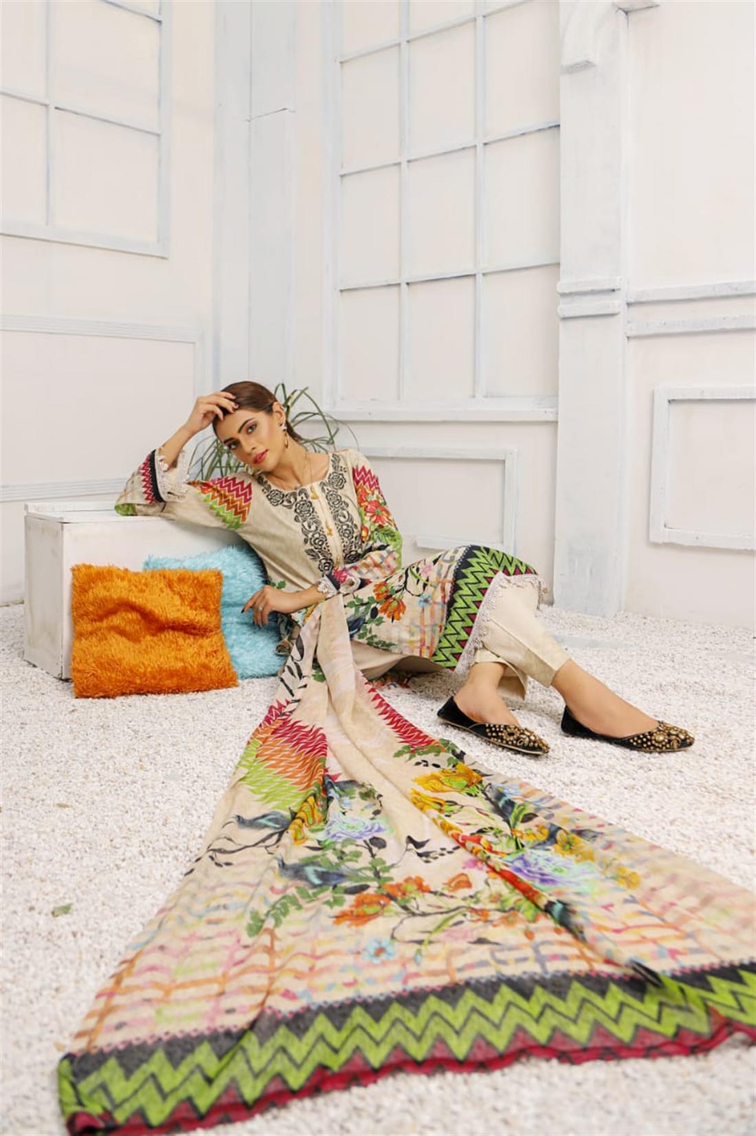 Cream & Green Embroidered Chiffon Cream/Green 3 Piece Readymade Lawn Suit with Dupatta