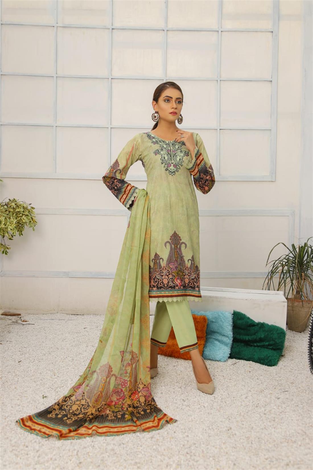Mint Embroidered 3 Piece Readymade Lawn Suit with Chiffon Dupatta