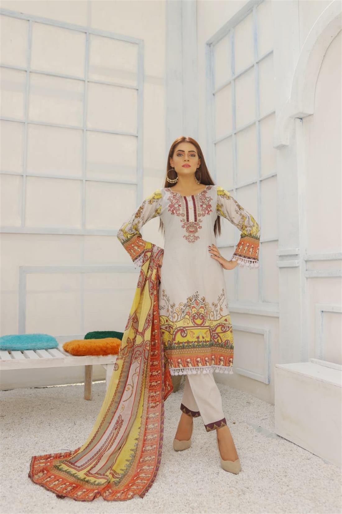 Light Grey Embroidered Chiffon 3 Piece Readymade Lawn Suit with Dupatta
