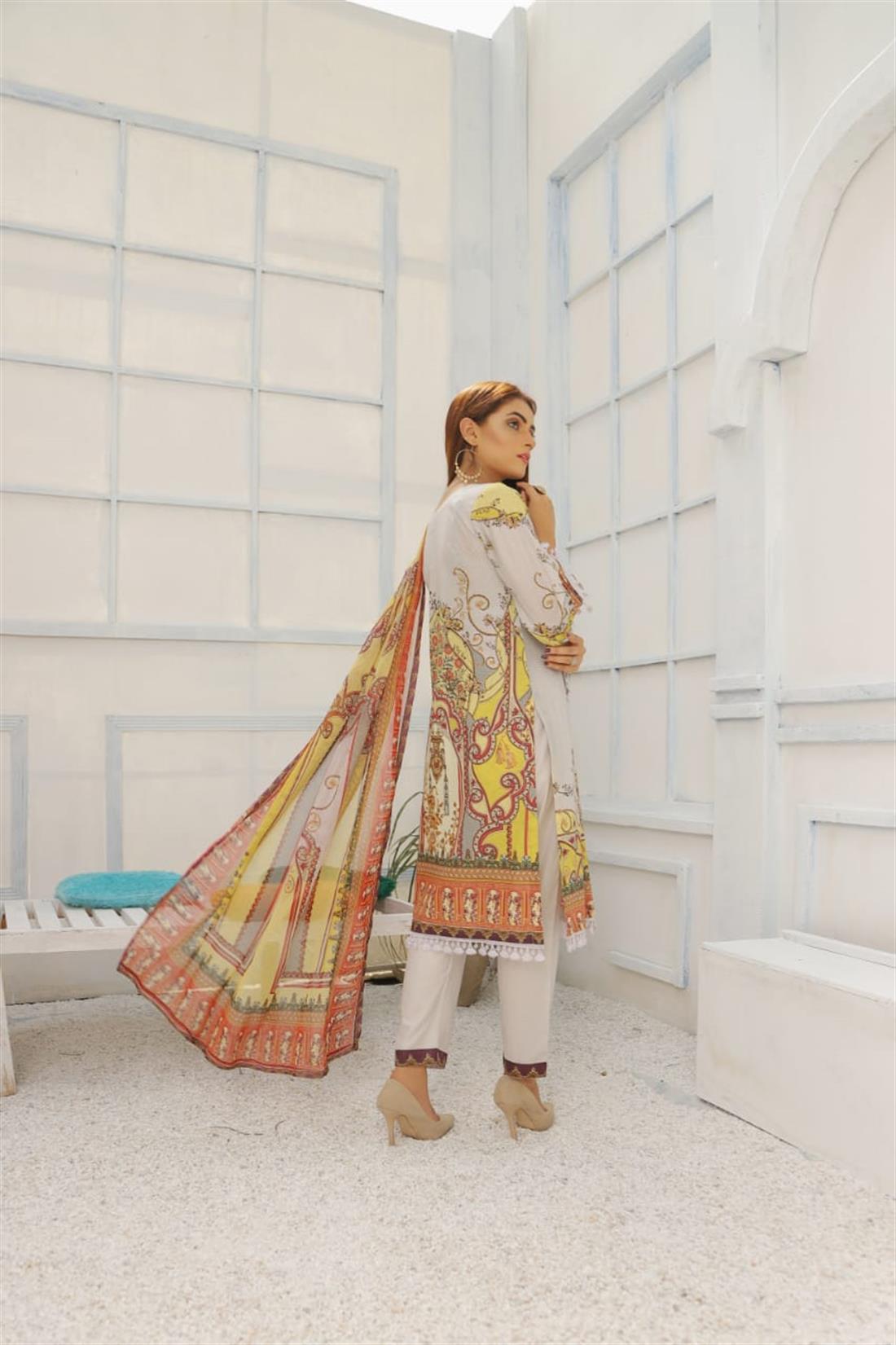 Light Grey Embroidered Chiffon 3 Piece Readymade Lawn Suit with Dupatta