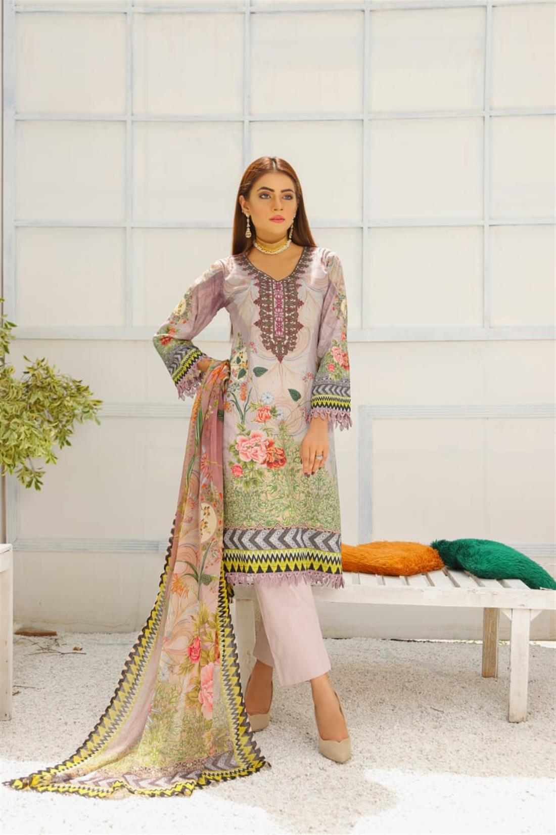 Grey & Multicolour Embroidered Chiffon 3 Piece Grey/Multicolour Readymade Lawn Suit with Dupatta