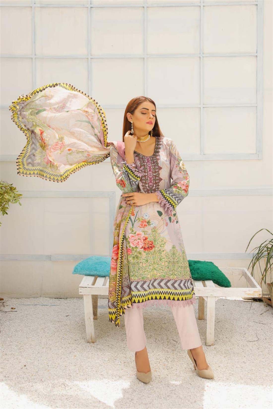 Grey & Multicolour Embroidered Chiffon 3 Piece Grey/Multicolour Readymade Lawn Suit with Dupatta