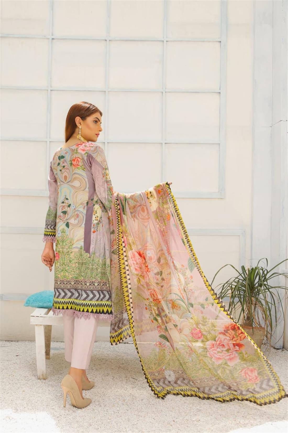 Grey & Multicolour Embroidered Chiffon 3 Piece Grey/Multicolour Readymade Lawn Suit with Dupatta