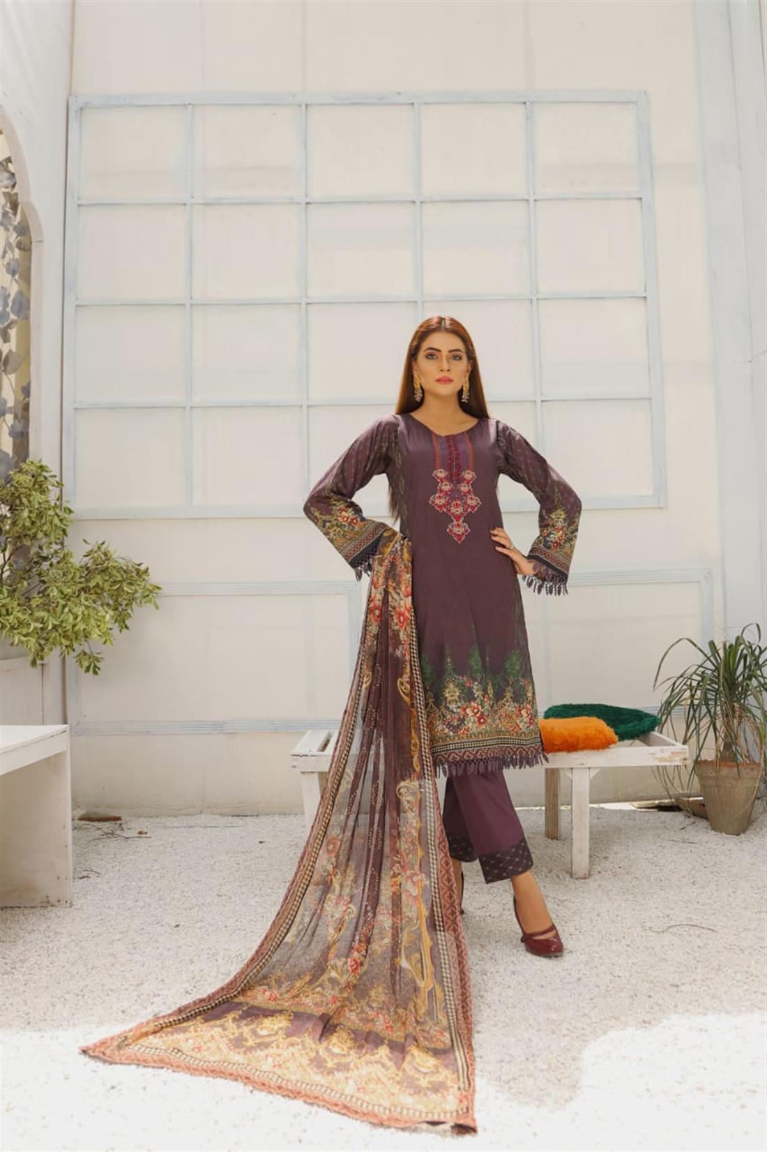 Plum & Purple Embroidered Chiffon Plum/Purple 3 Piece Readymade Lawn Suit with Dupatta