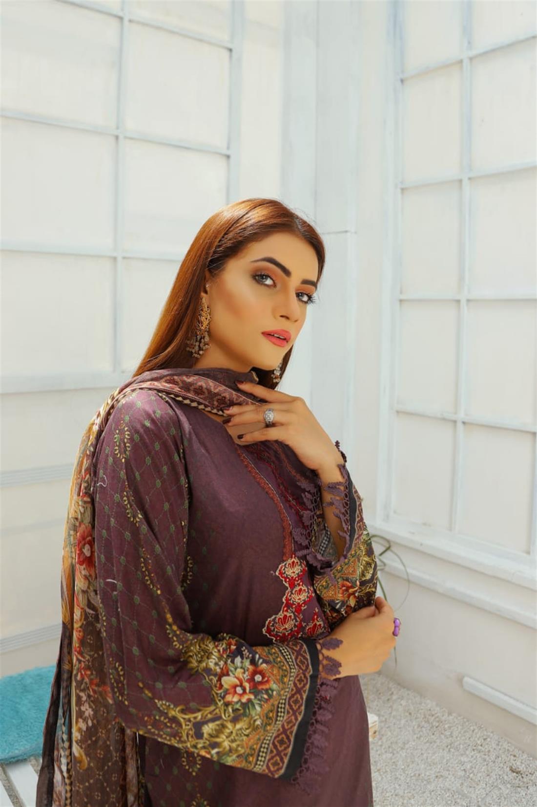 Plum & Purple Embroidered Chiffon Plum/Purple 3 Piece Readymade Lawn Suit with Dupatta