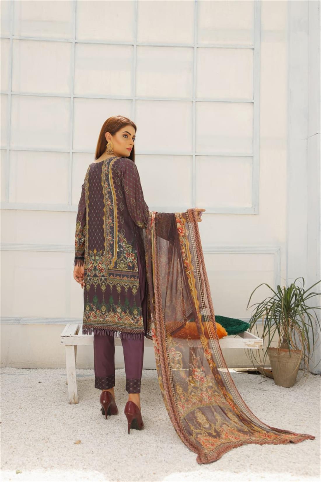 Plum & Purple Embroidered Chiffon Plum/Purple 3 Piece Readymade Lawn Suit with Dupatta