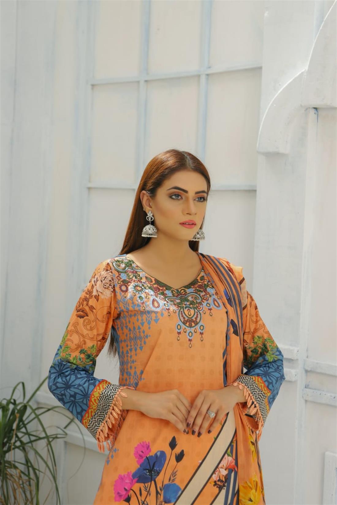 Peach Embroidered 3 Piece Readymade Lawn Suit & Chiffon Dupatta