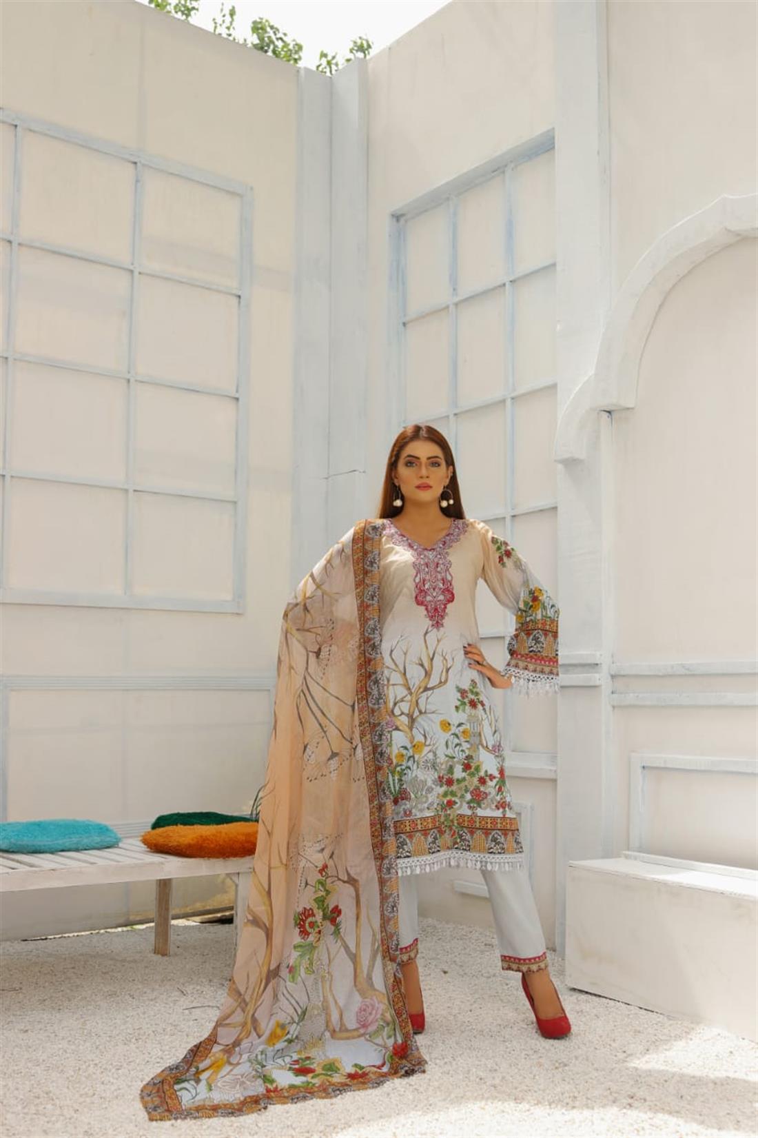 Cream & Grey Embroidered Cream/Grey Readymade Lawn Suit & Chiffon Dupatta