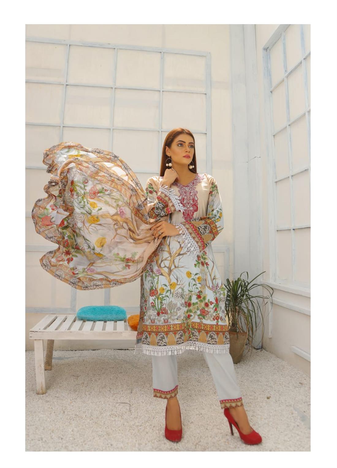 Cream & Grey Embroidered Cream/Grey Readymade Lawn Suit & Chiffon Dupatta