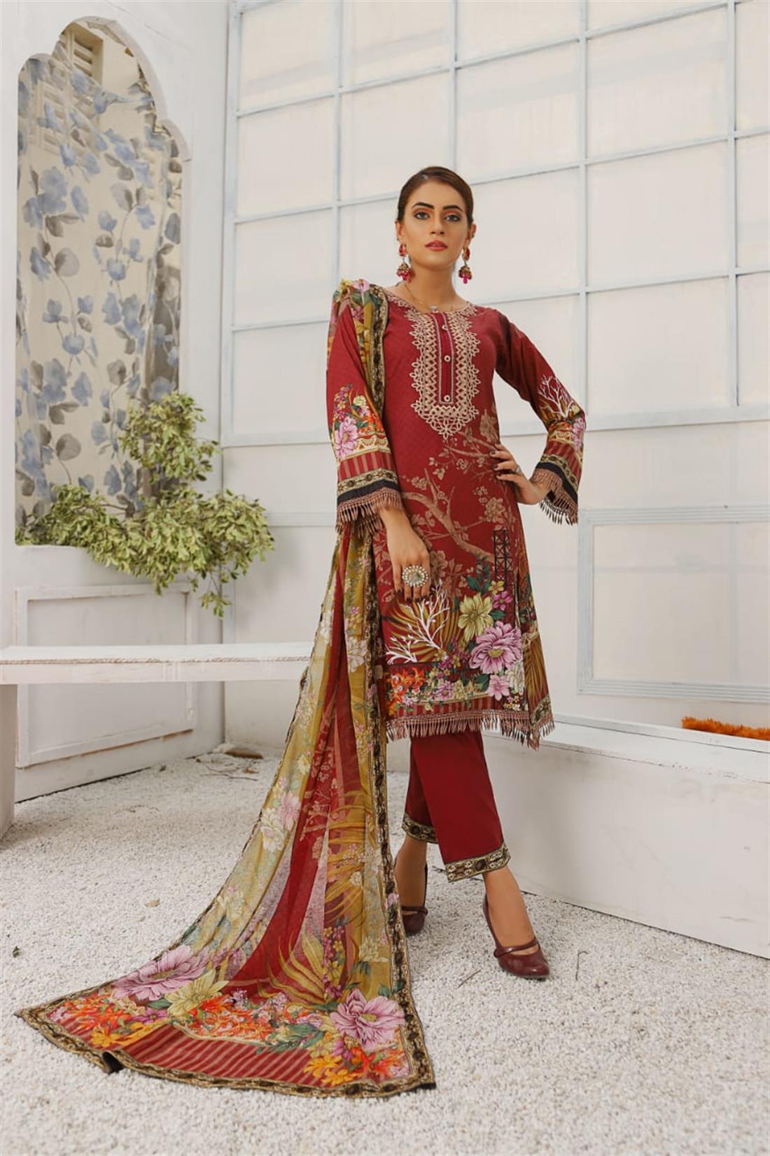 Maroon Embroidered 3 Piece Readymade Lawn Suit & Chiffon Dupatta