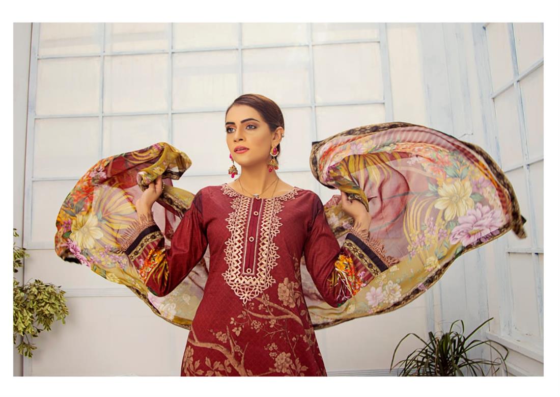 Maroon Embroidered 3 Piece Readymade Lawn Suit & Chiffon Dupatta
