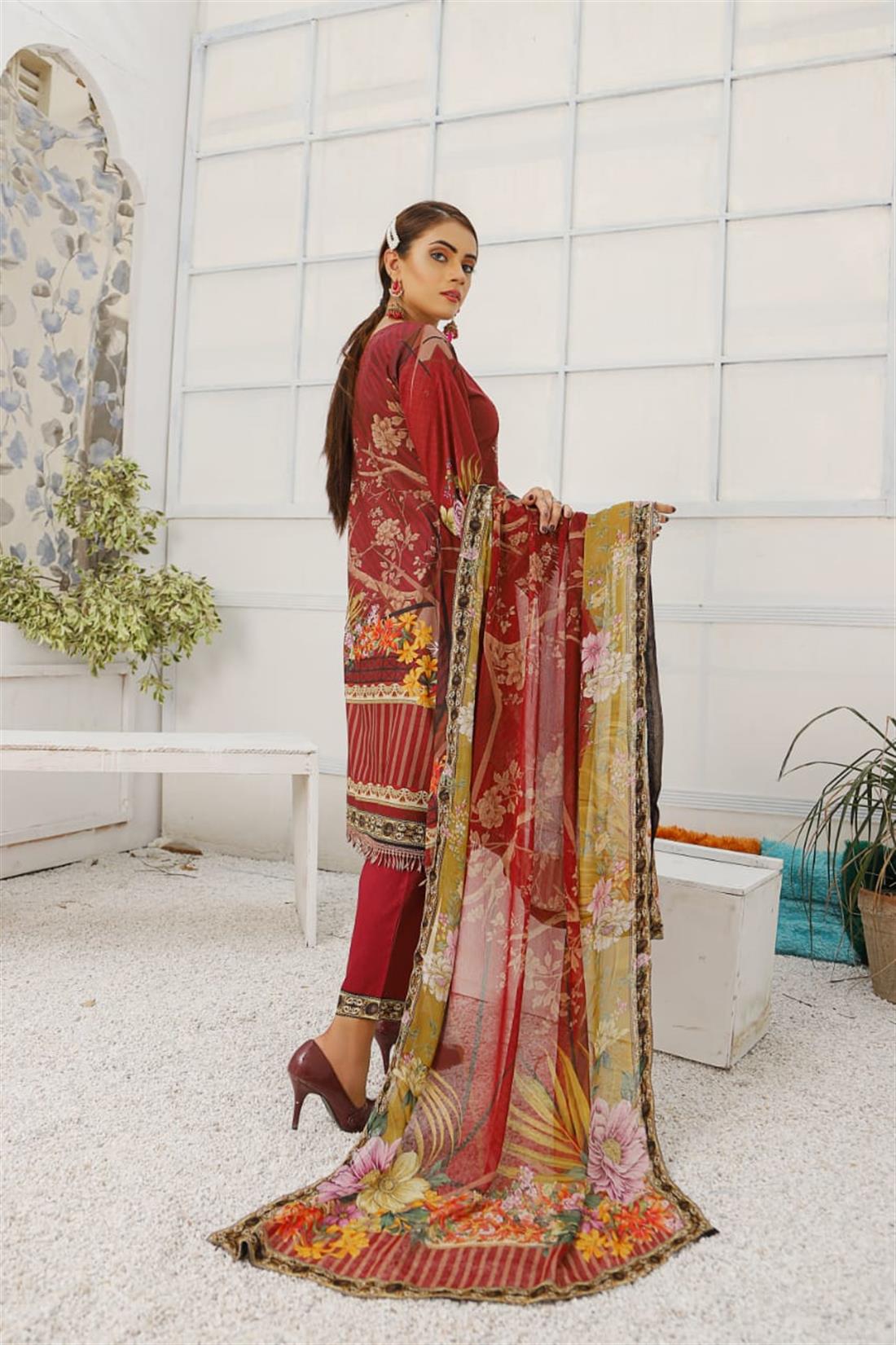 Maroon Embroidered 3 Piece Readymade Lawn Suit & Chiffon Dupatta