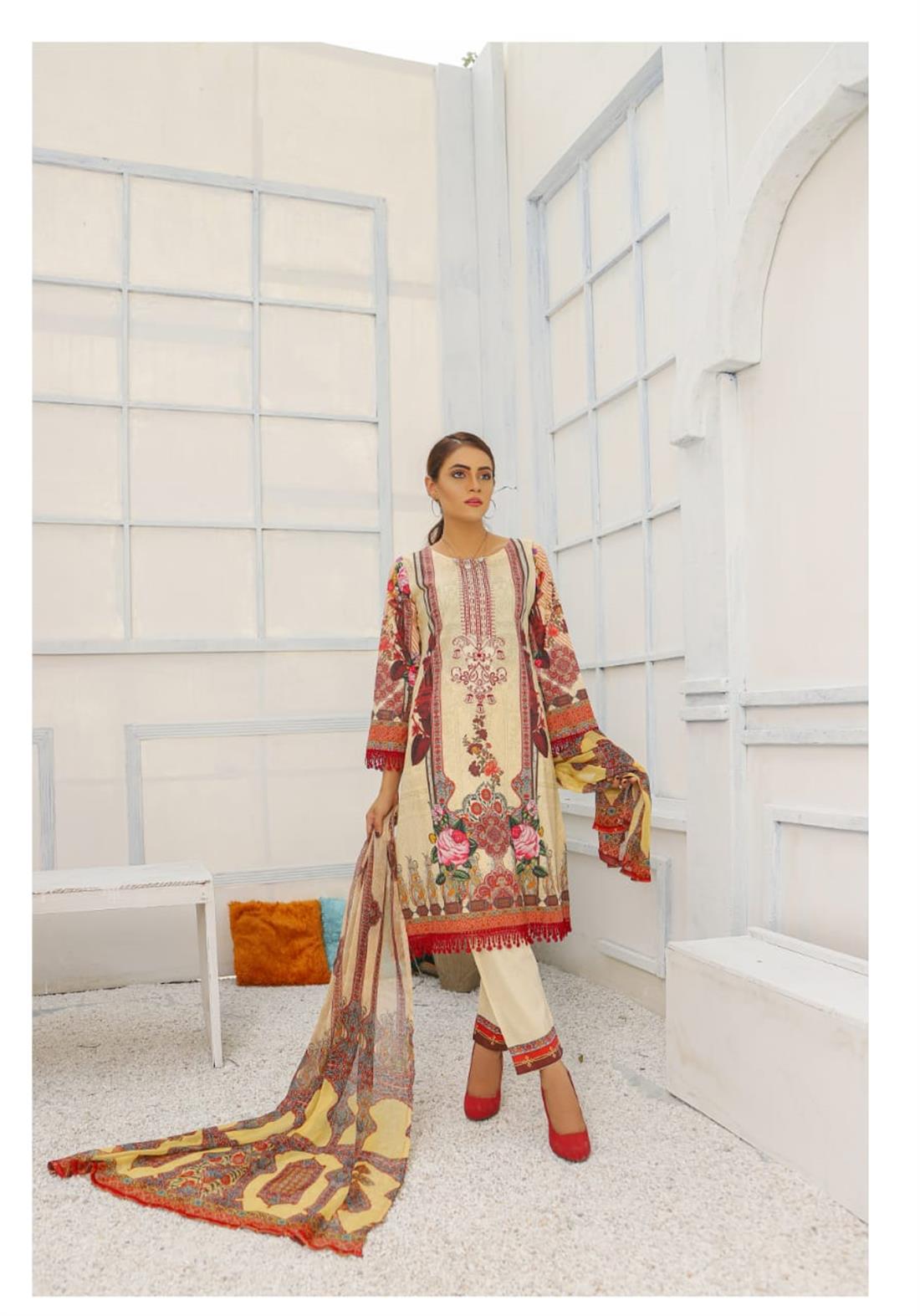 Cream & Multicolour Embroidered Chiffon Cream/Multicolour 3 Piece Readymade Lawn Suit with Dupatta