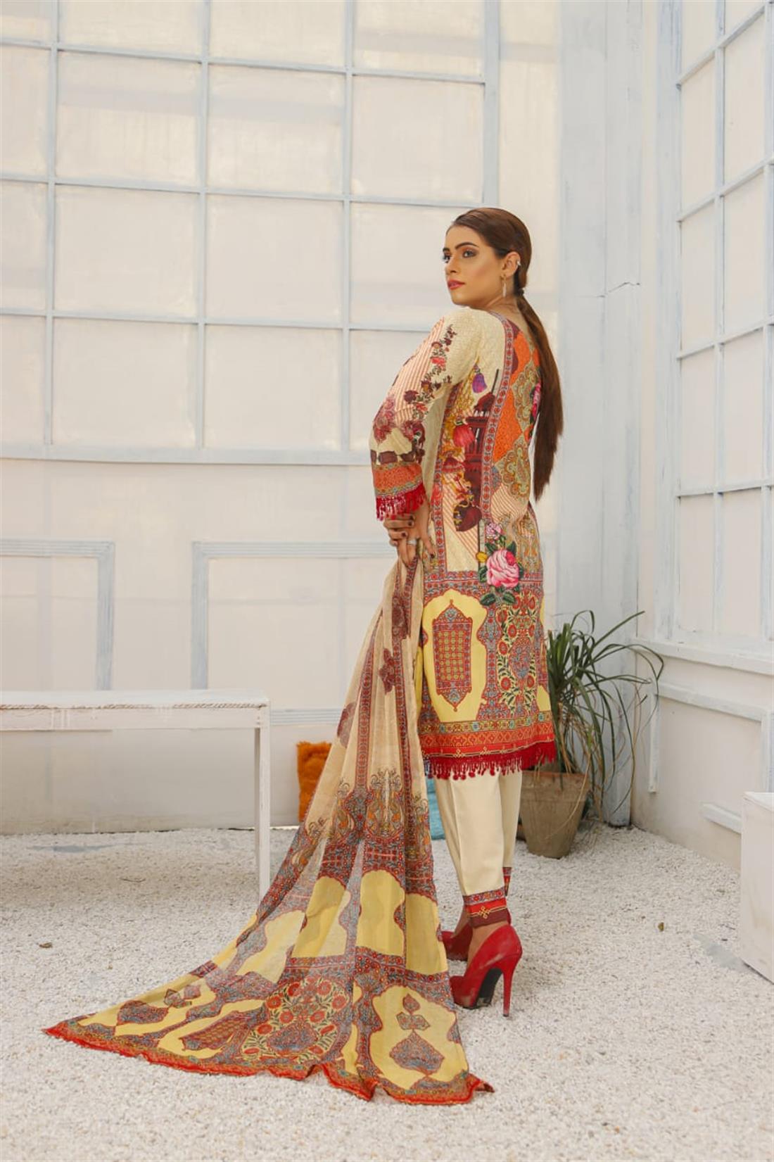 Cream & Multicolour Embroidered Chiffon Cream/Multicolour 3 Piece Readymade Lawn Suit with Dupatta